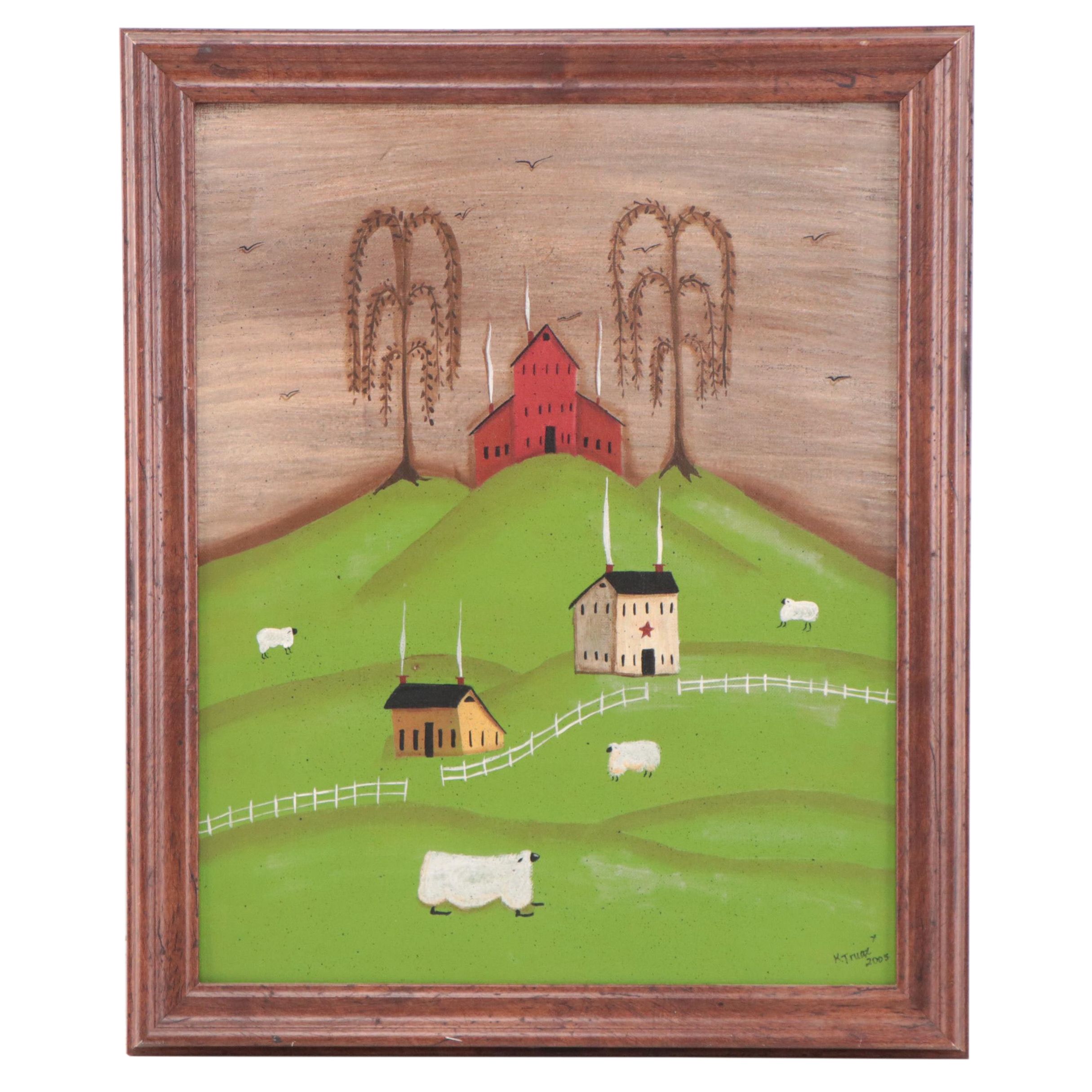 Kathy Truax Folk Art Farm Landscape Acrylic Painting, 2005