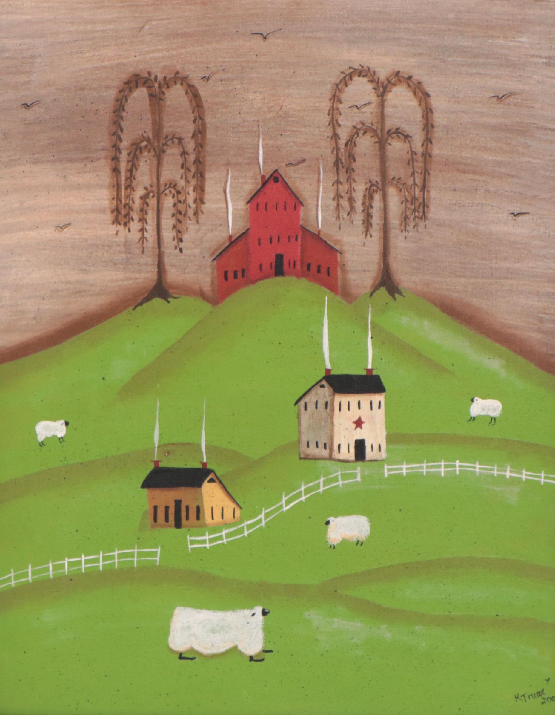 Kathy Truax Folk Art Farm Landscape Acrylic Painting, 2005