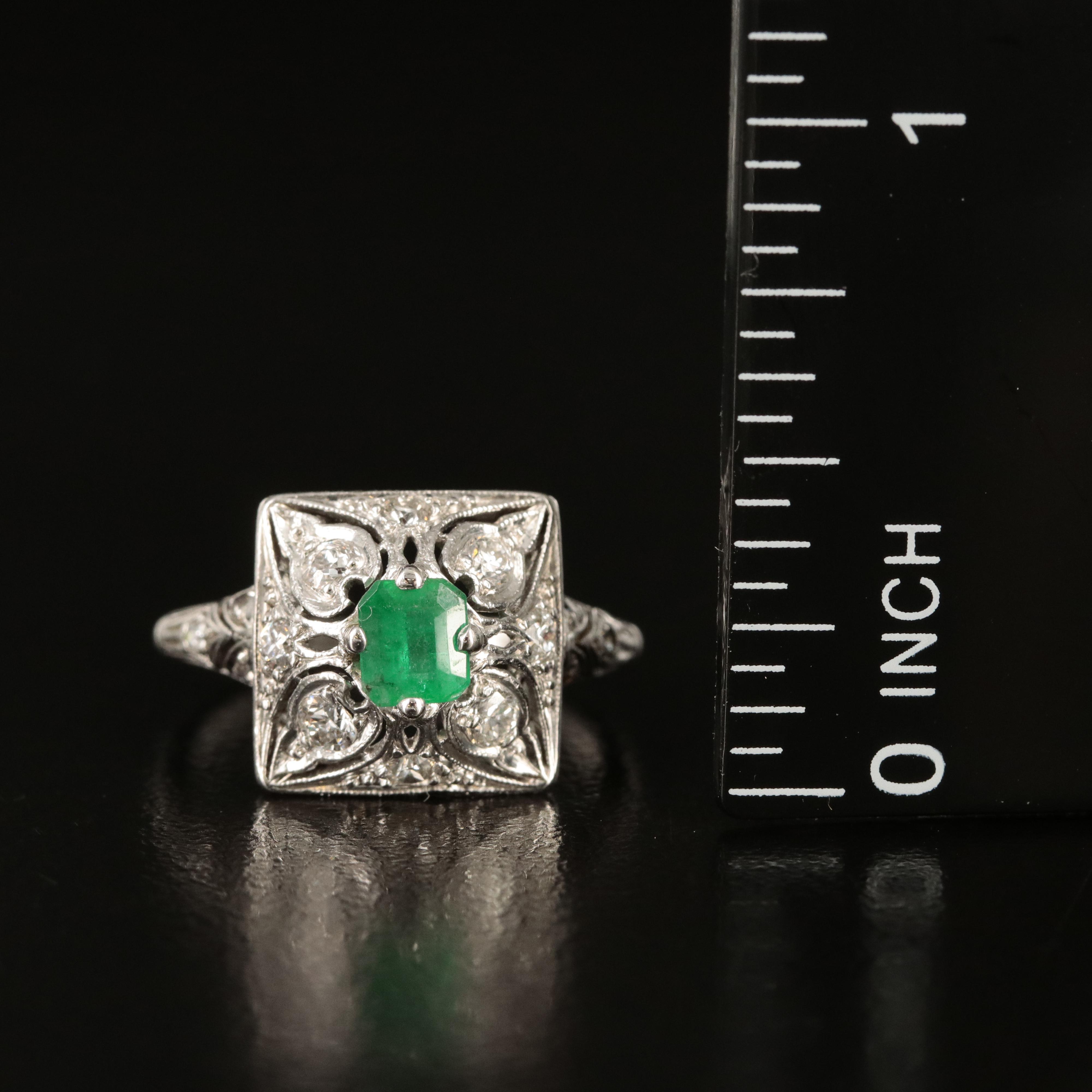 Platinum Emerald and Diamond Filigree Ring