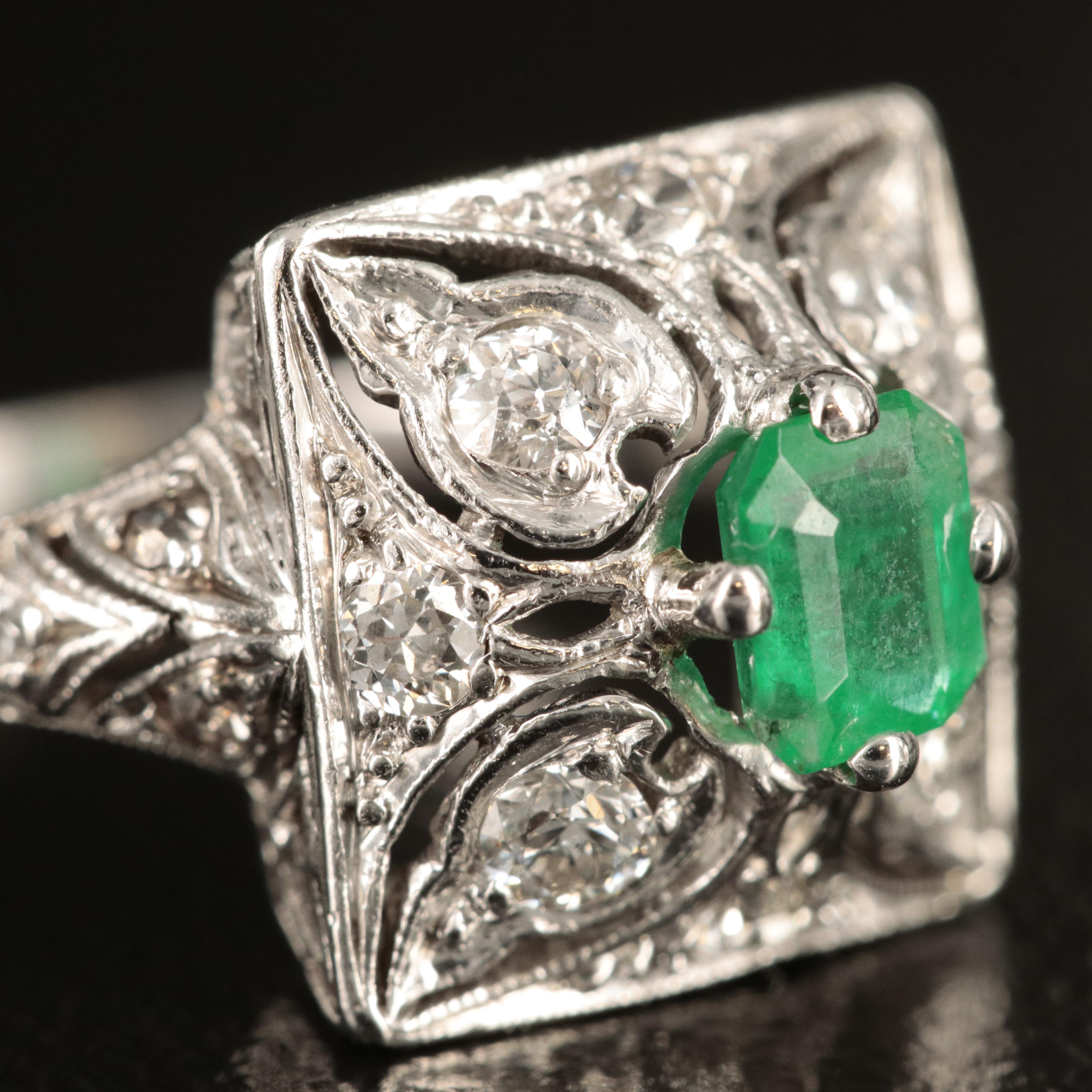Platinum Emerald and Diamond Filigree Ring