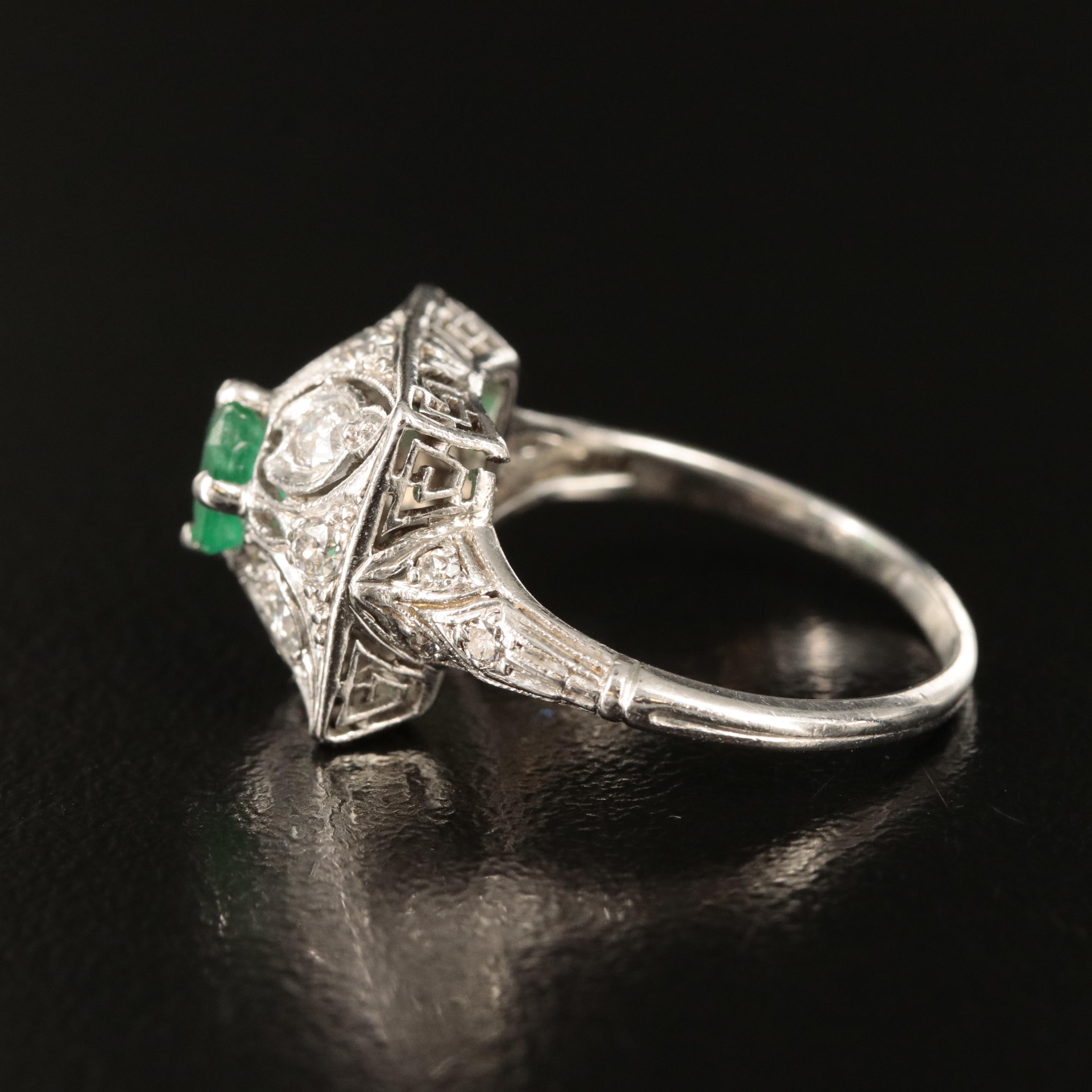 Platinum Emerald and Diamond Filigree Ring