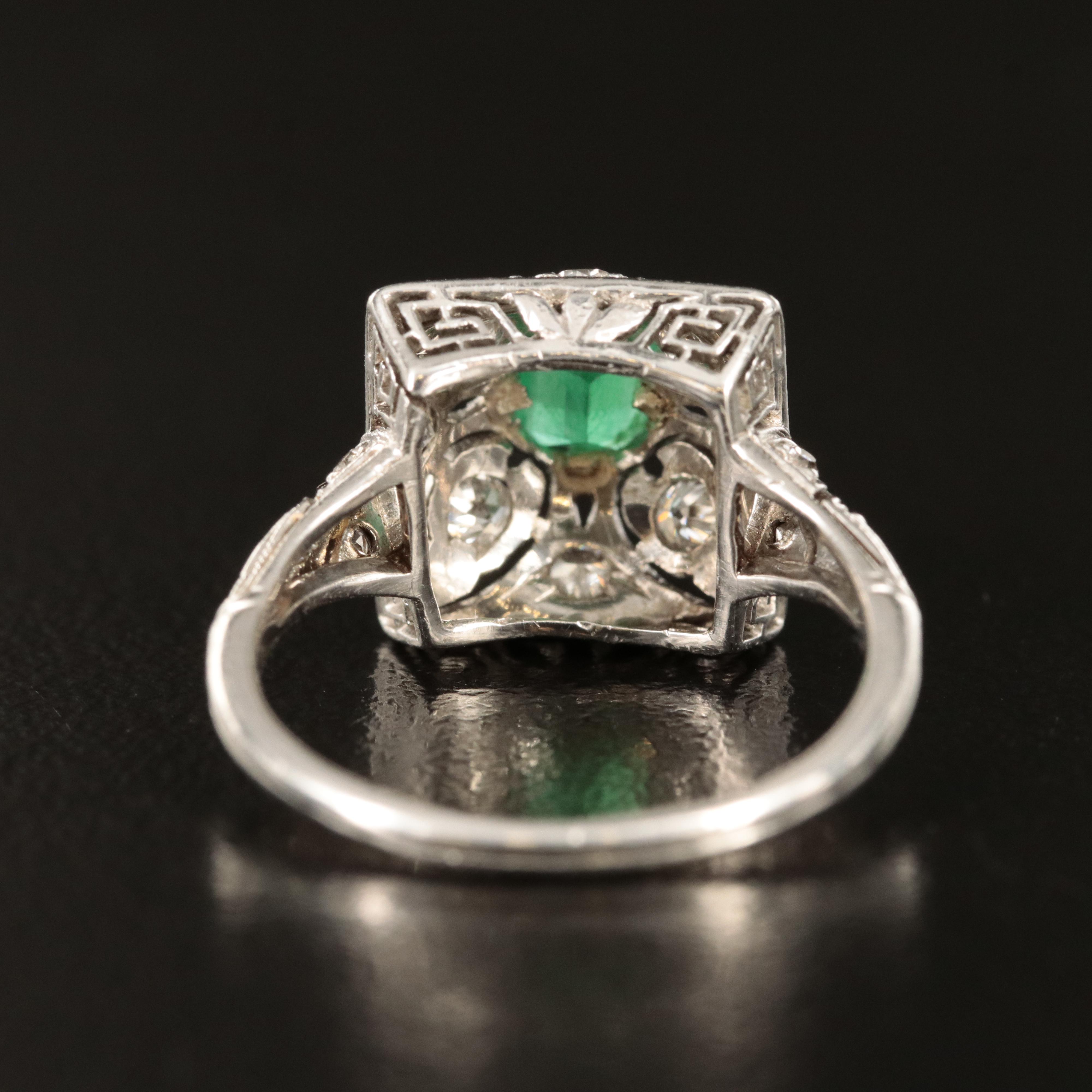 Platinum Emerald and Diamond Filigree Ring