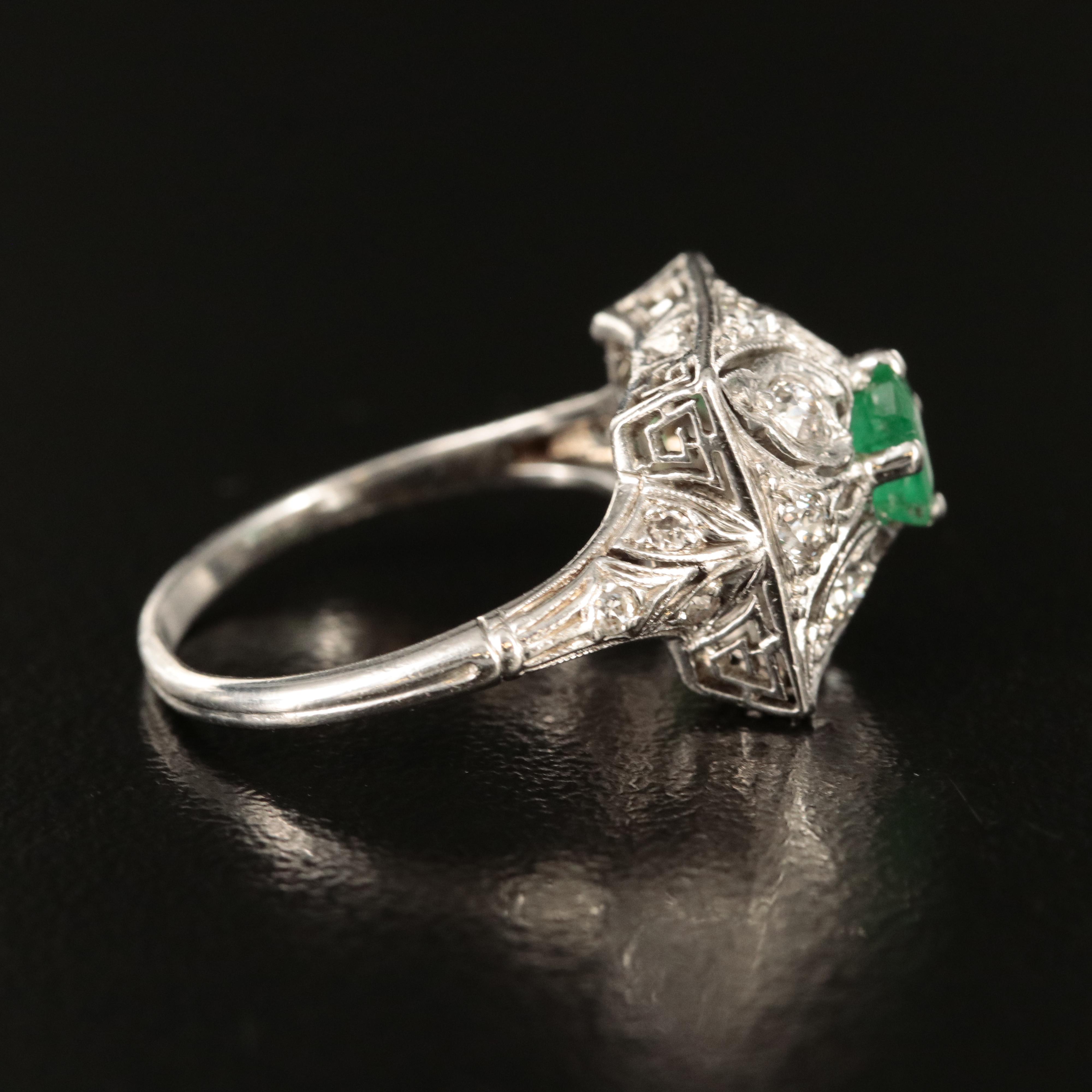 Platinum Emerald and Diamond Filigree Ring