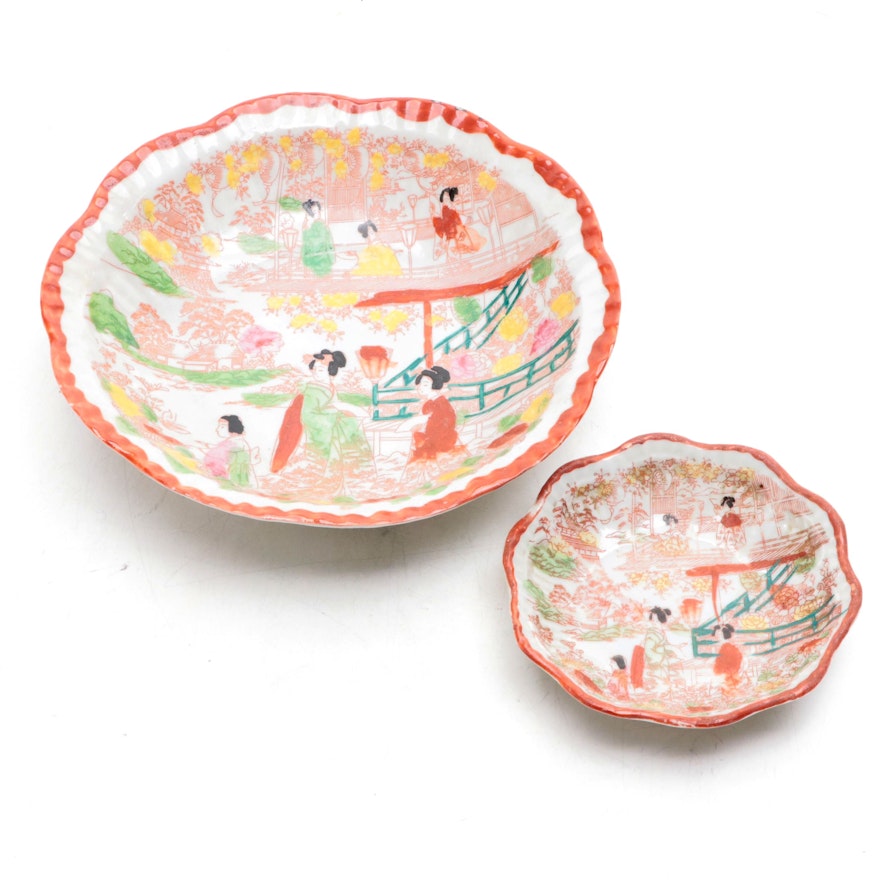 Japanese Kutani Porcelain Geisha Girl Bowls, Mid-20th Century