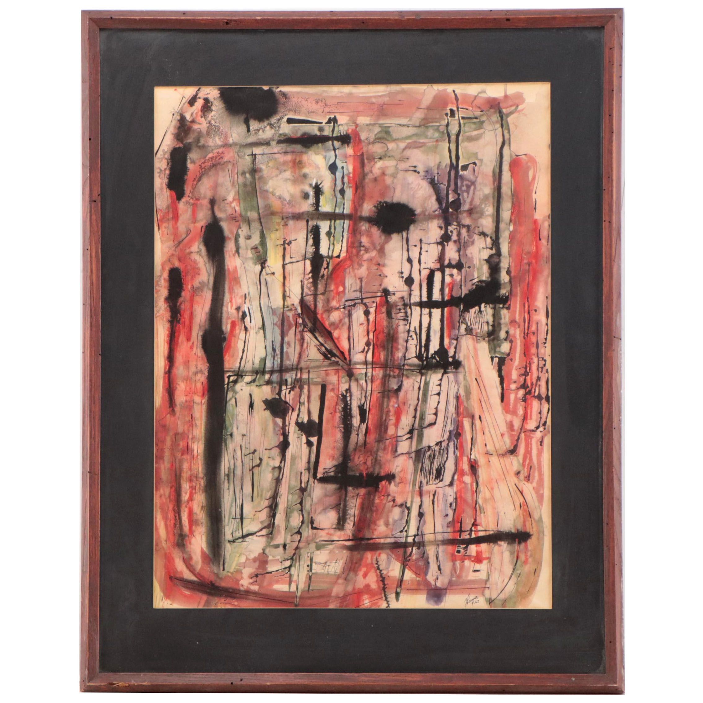 Abstract Expressionist Style Watercolor and Ink Painting, 1963