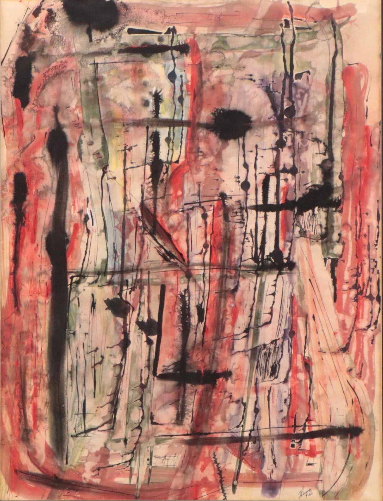 Abstract Expressionist Style Watercolor and Ink Painting, 1963