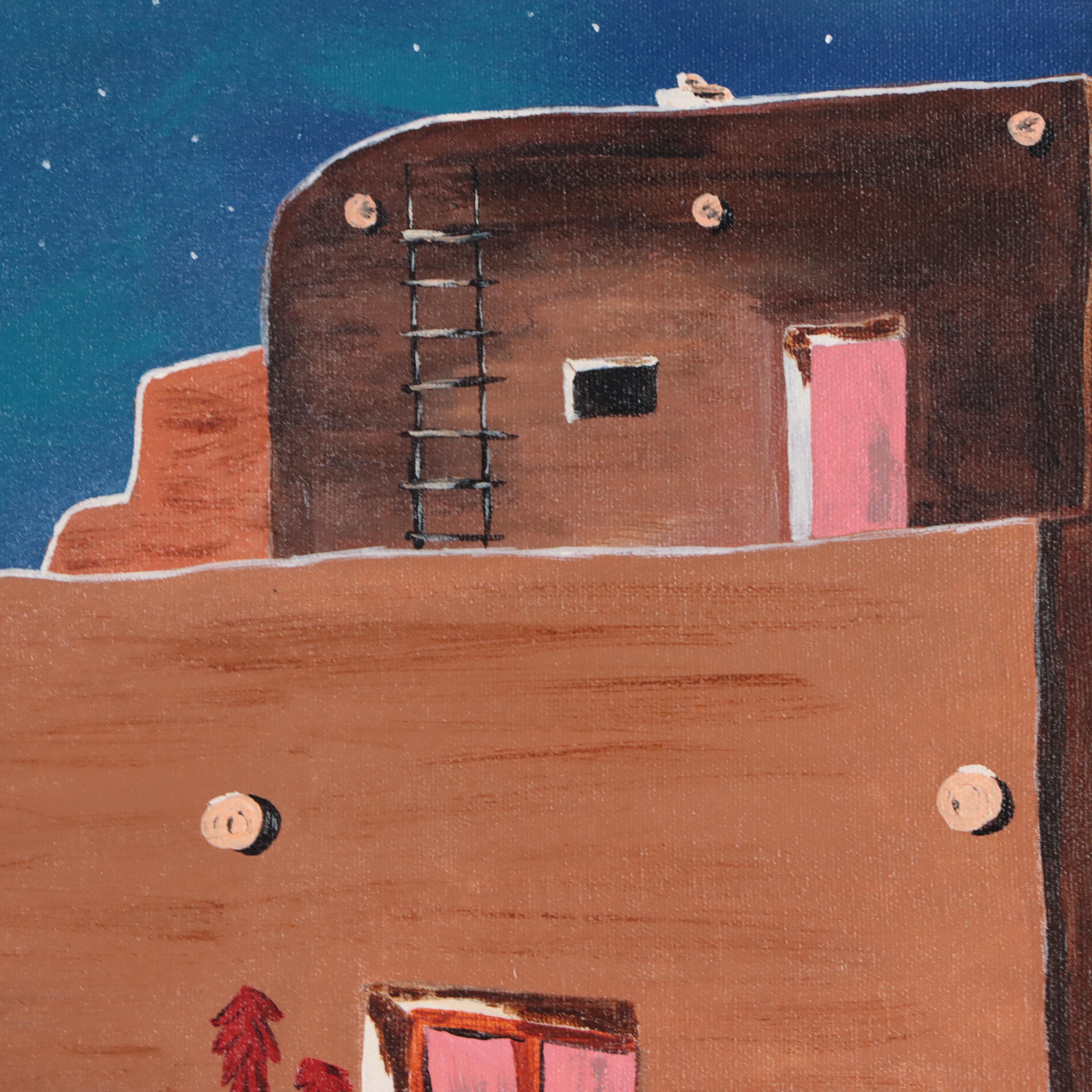 Acrylic Painting of Pueblo Village and Figures at Nighttime