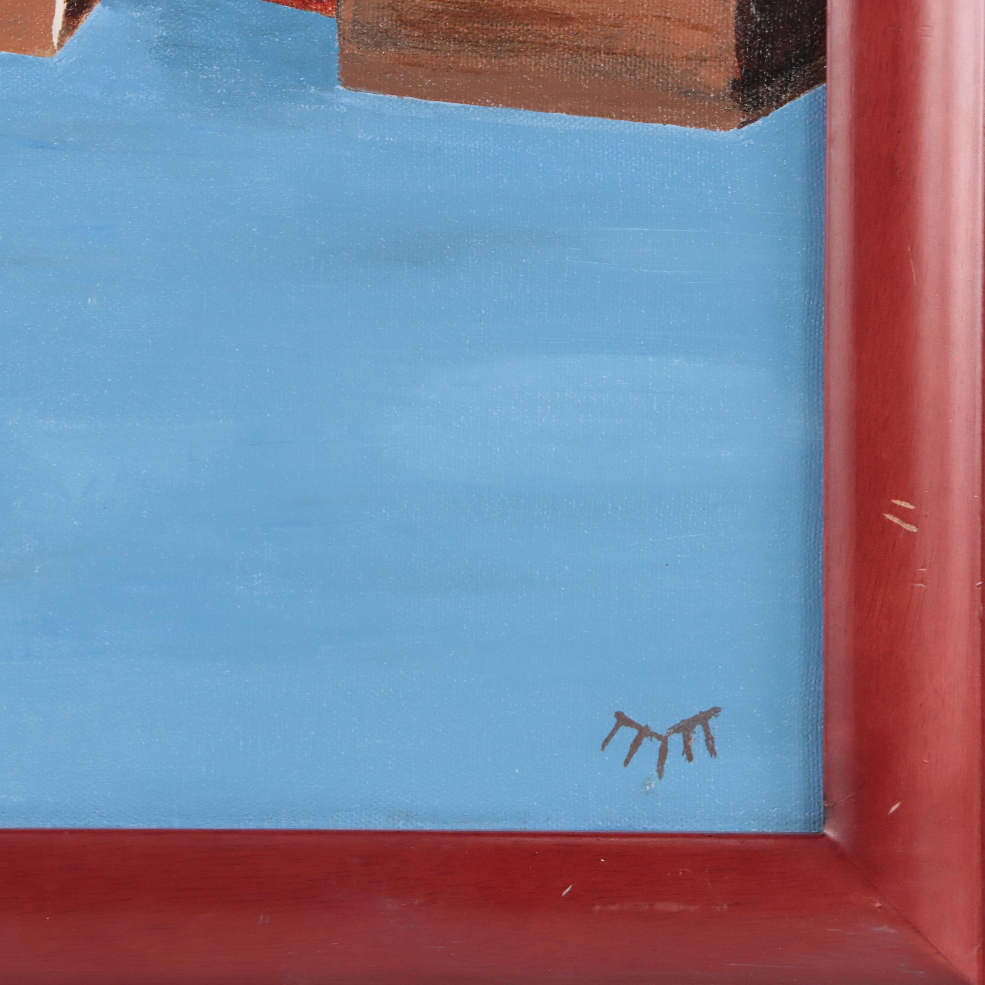 Acrylic Painting of Pueblo Village and Figures at Nighttime