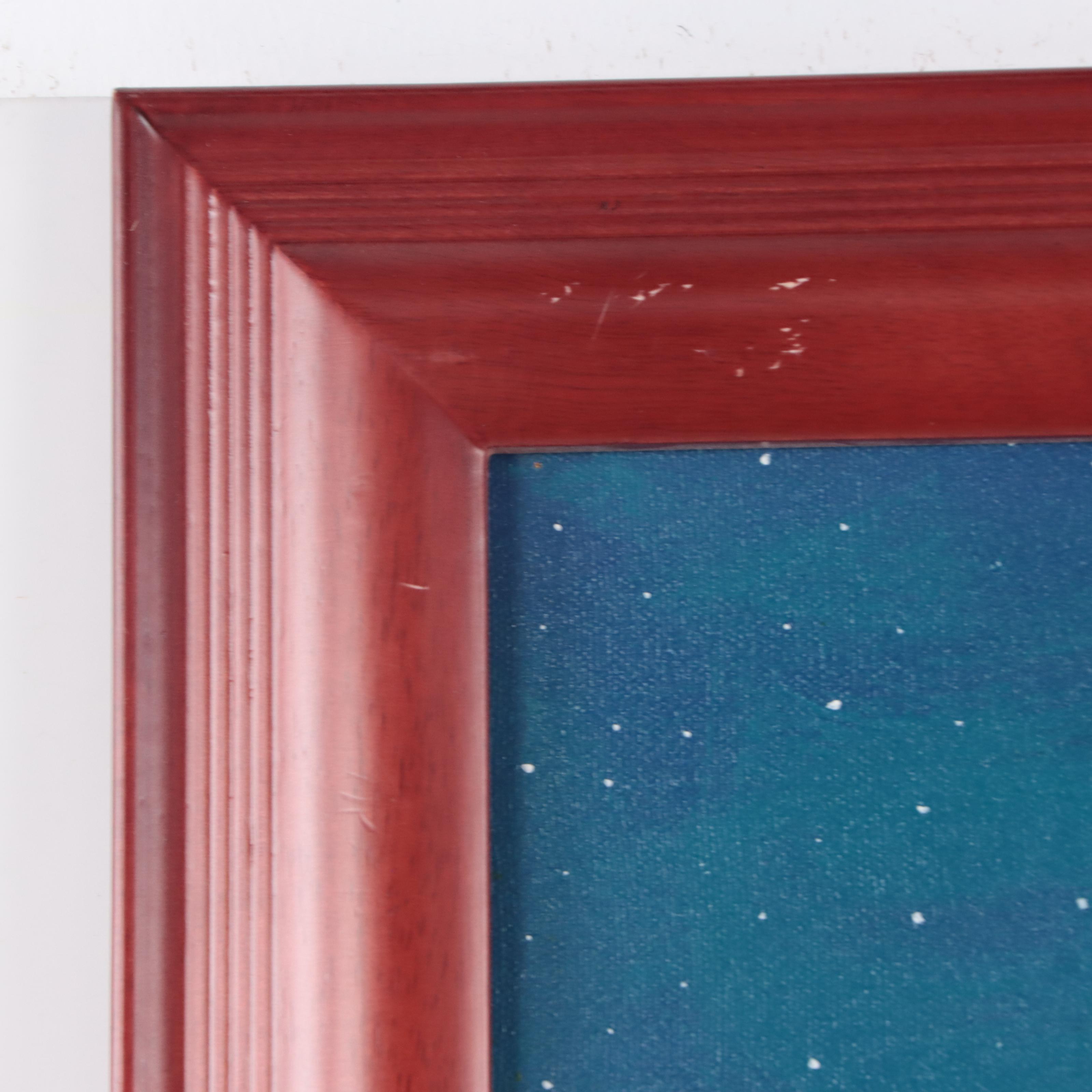 Acrylic Painting of Pueblo Village and Figures at Nighttime