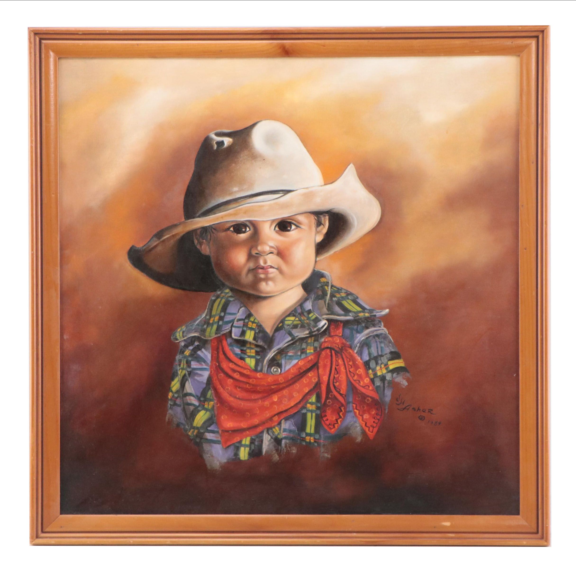 J. H. Asher Western Portrait Oil Painting of a Little Boy, 1984