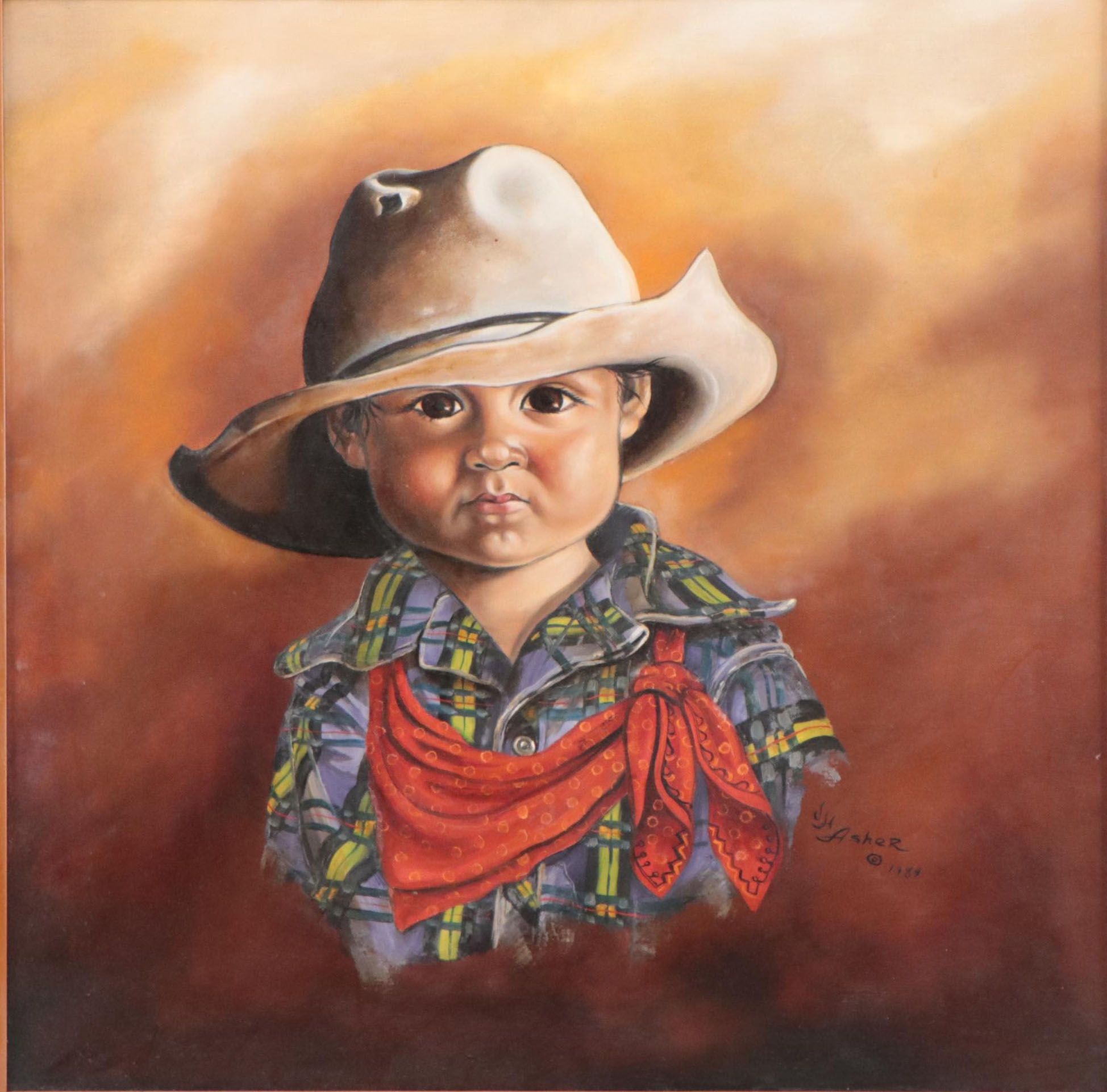 J. H. Asher Western Portrait Oil Painting of a Little Boy, 1984