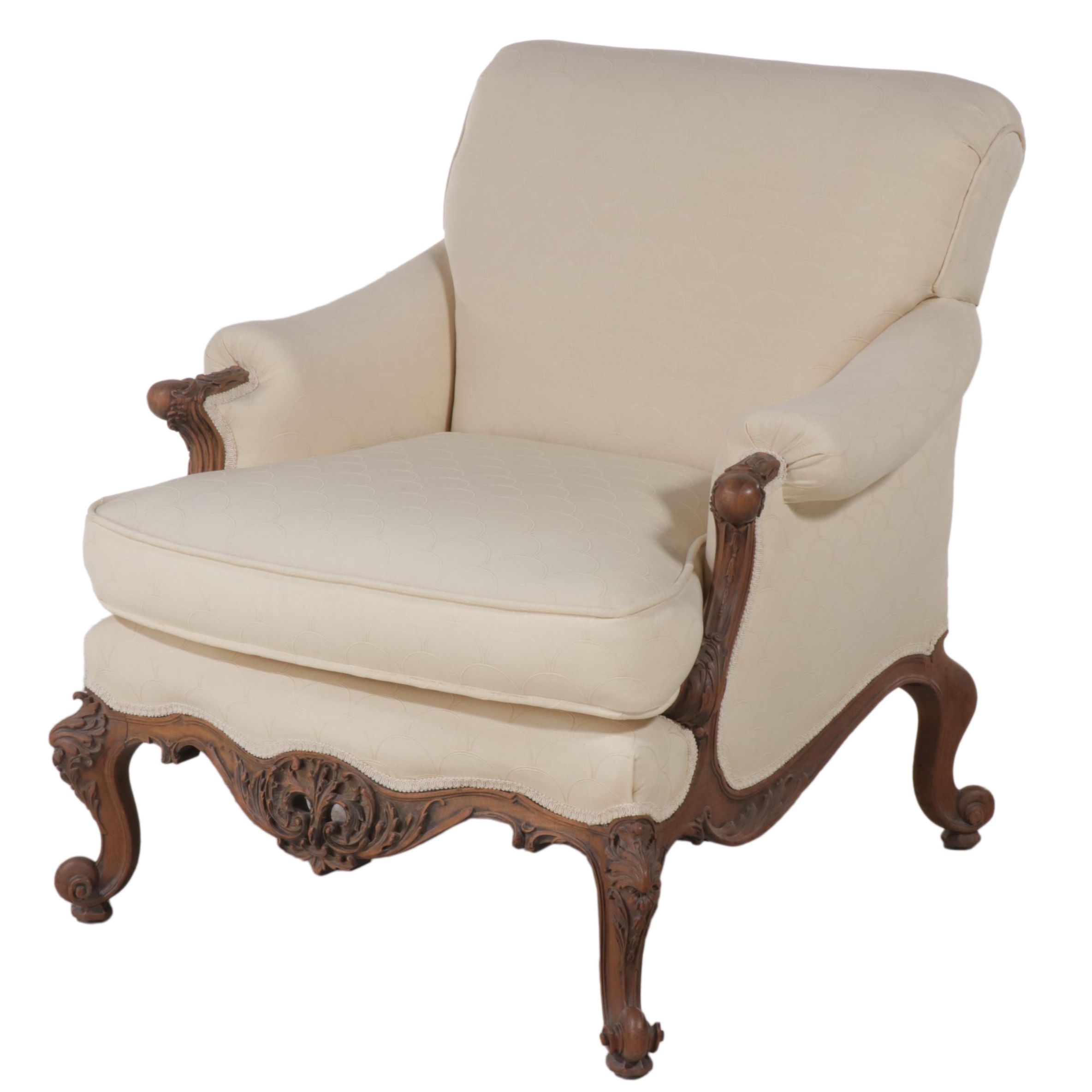 Louis XV Style Carved Walnut and Custom-Upholstered Bergère, 20th Century