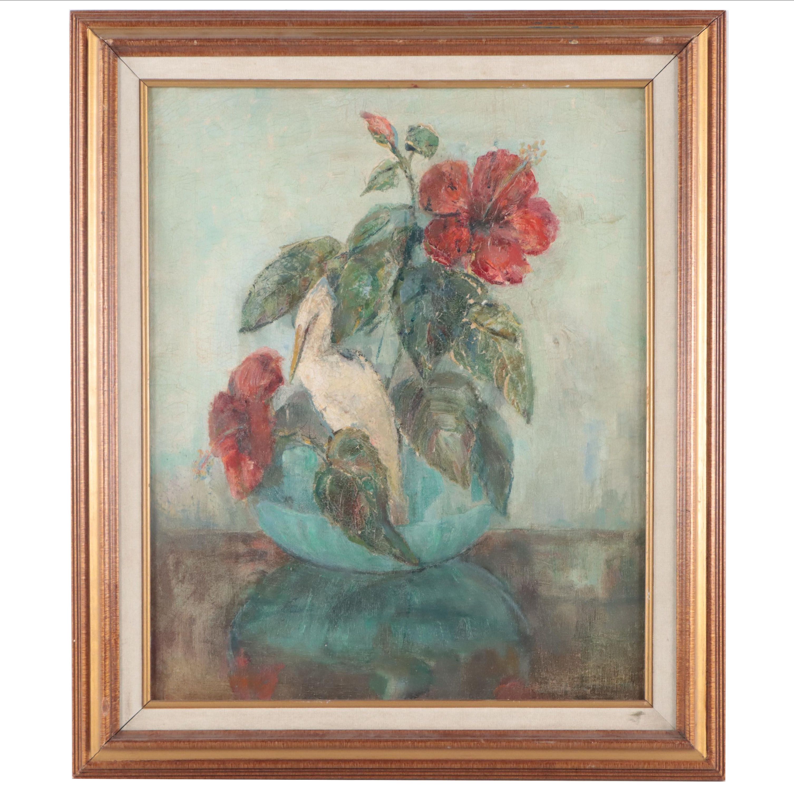 Oil Painting of Still Life With Hibiscus and Crane Figurine