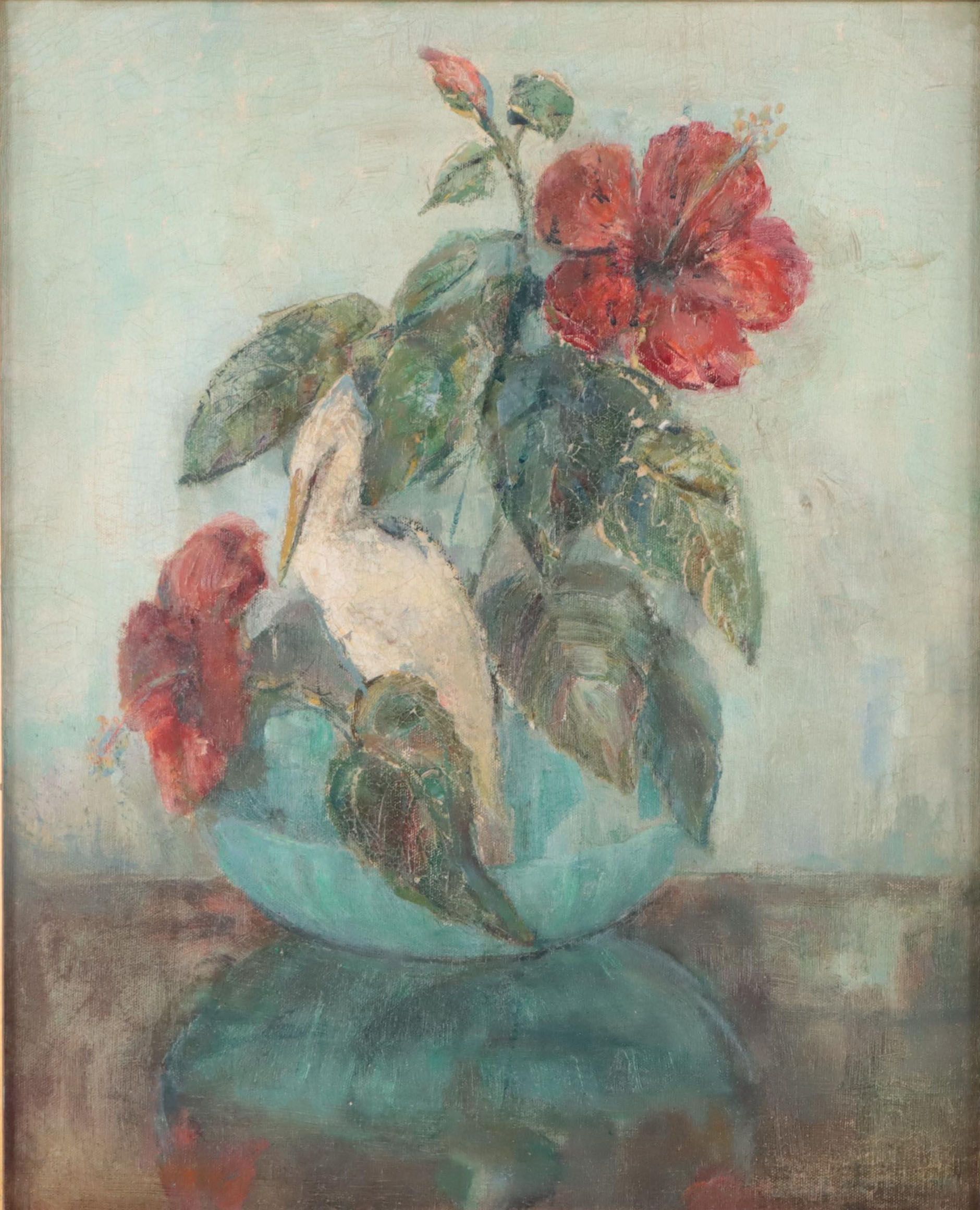 Oil Painting of Still Life With Hibiscus and Crane Figurine