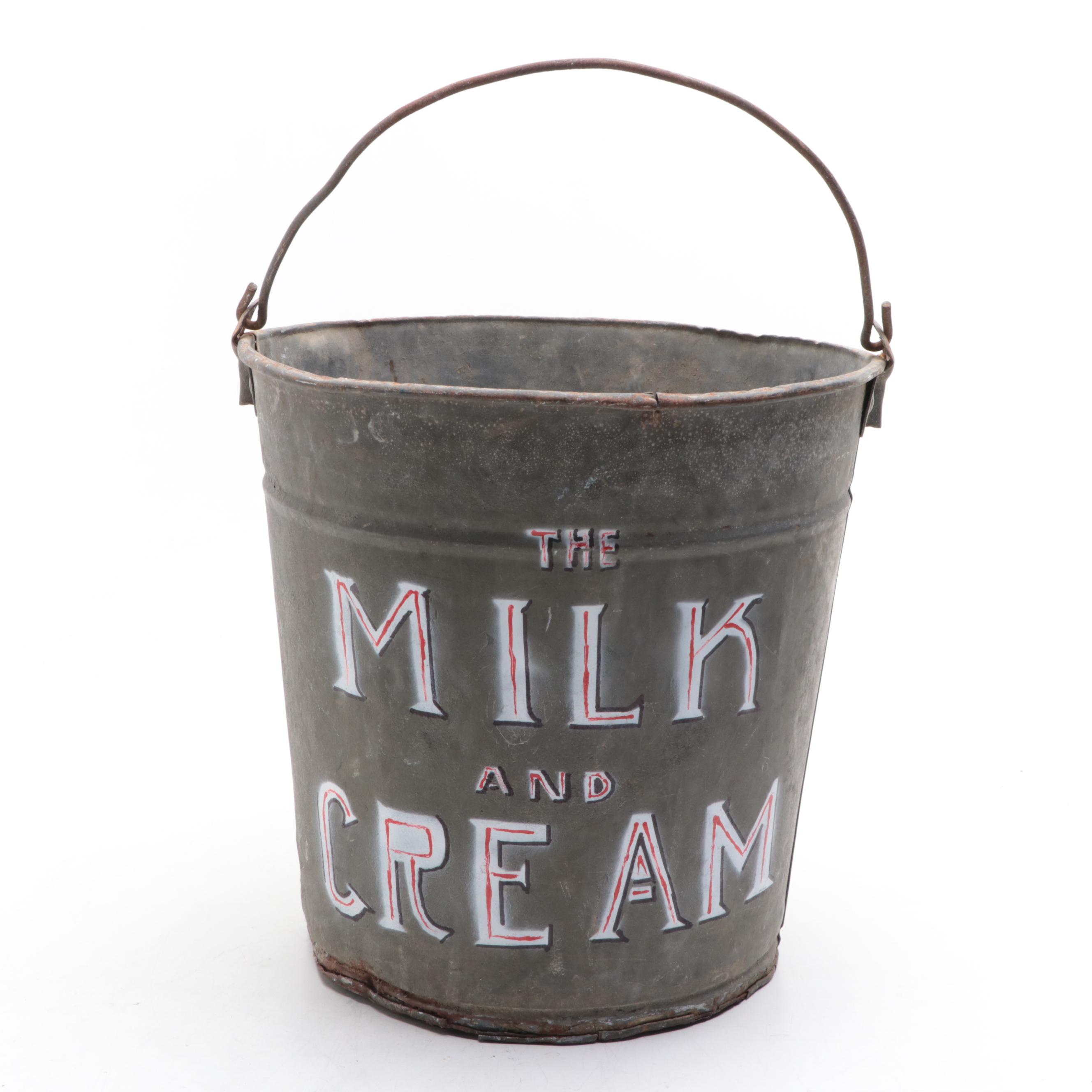 Paint Decorated Milk Pail with Concreate Chicken Outdoor Figurine