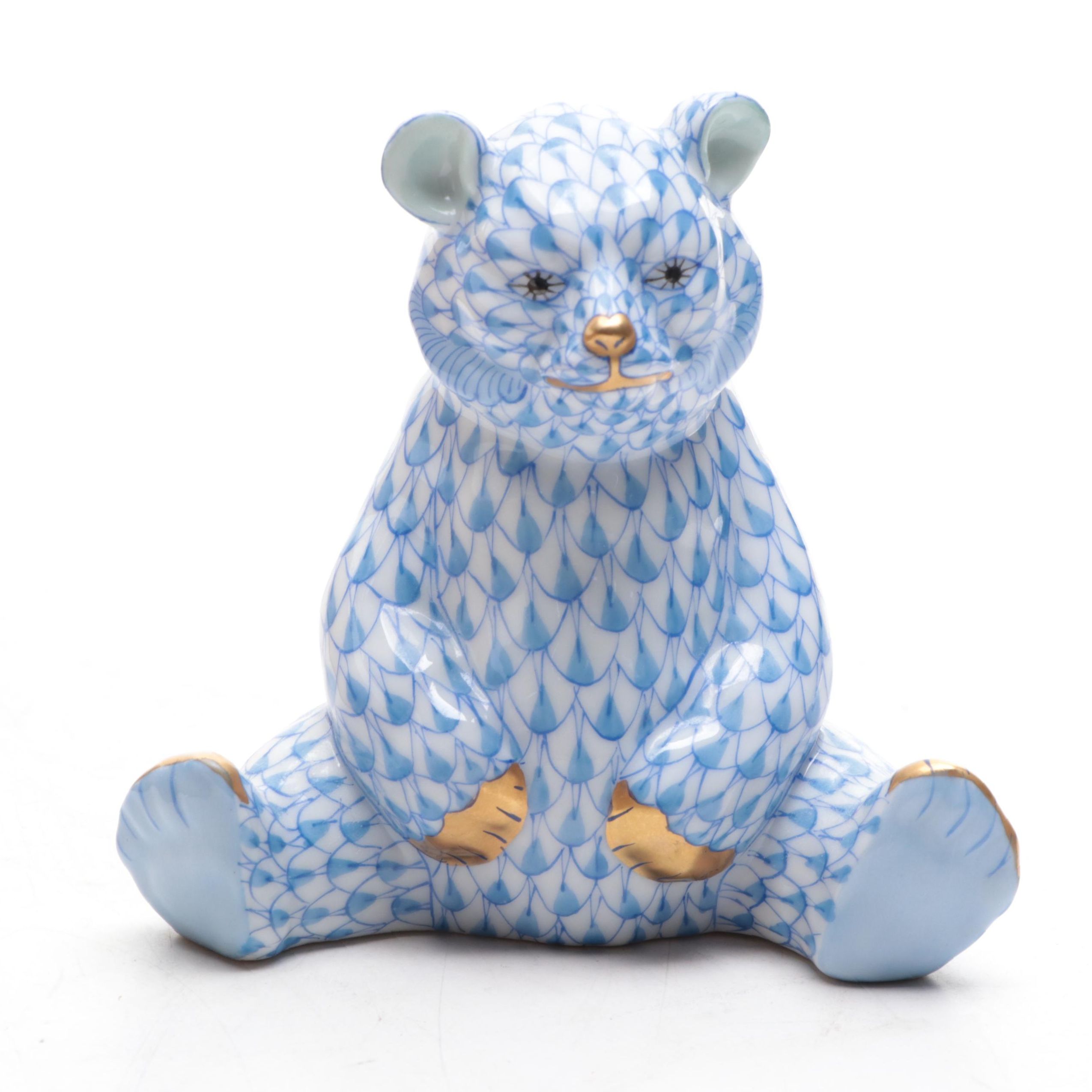 Herend Blue Fishnet with Gold "Sitting Baby Bear" Porcelain Figurine, 1993