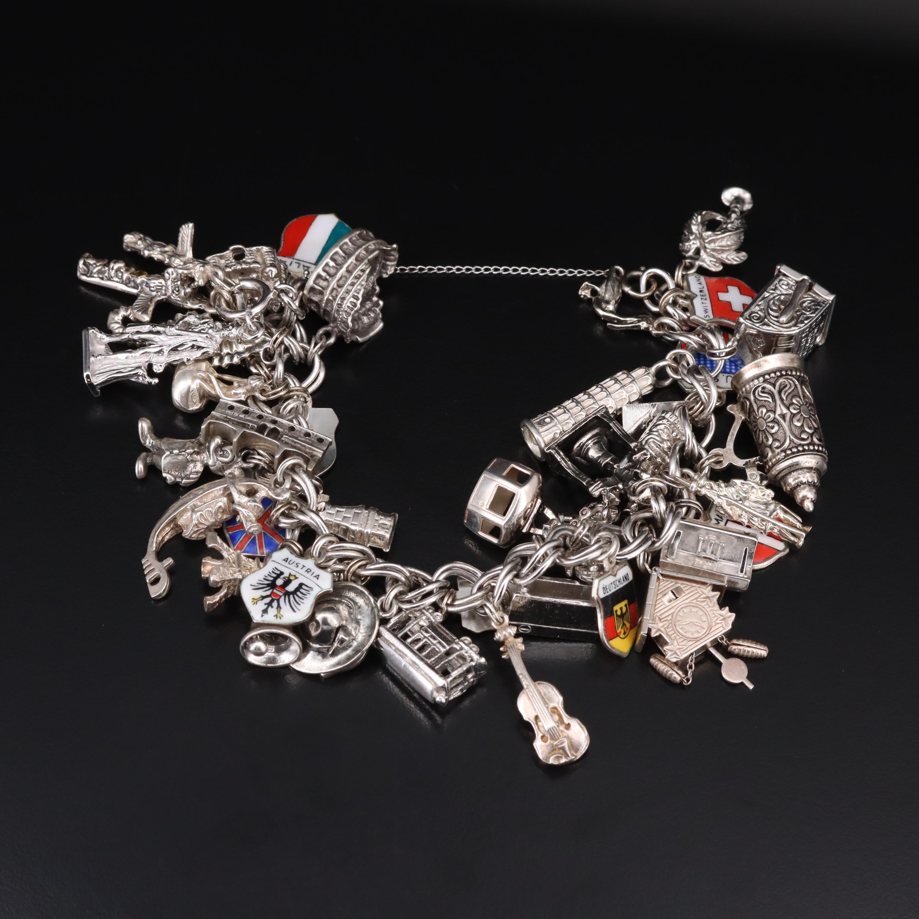 Vintage Travel Charm Bracelet Including Sterling, 835 and 800 Silver