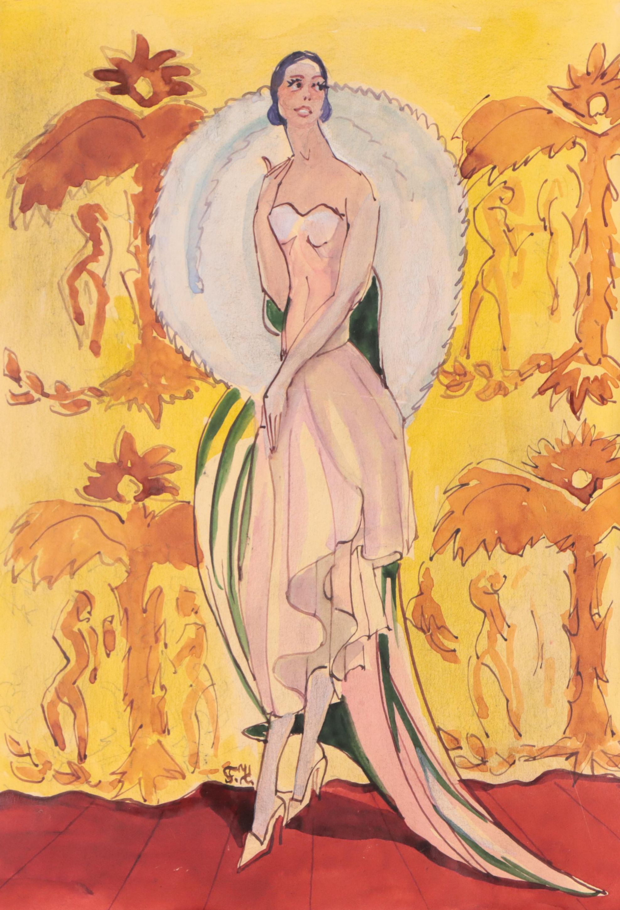 Sudeykin Russian Watercolor Painting Portrait of Glamorous Woman