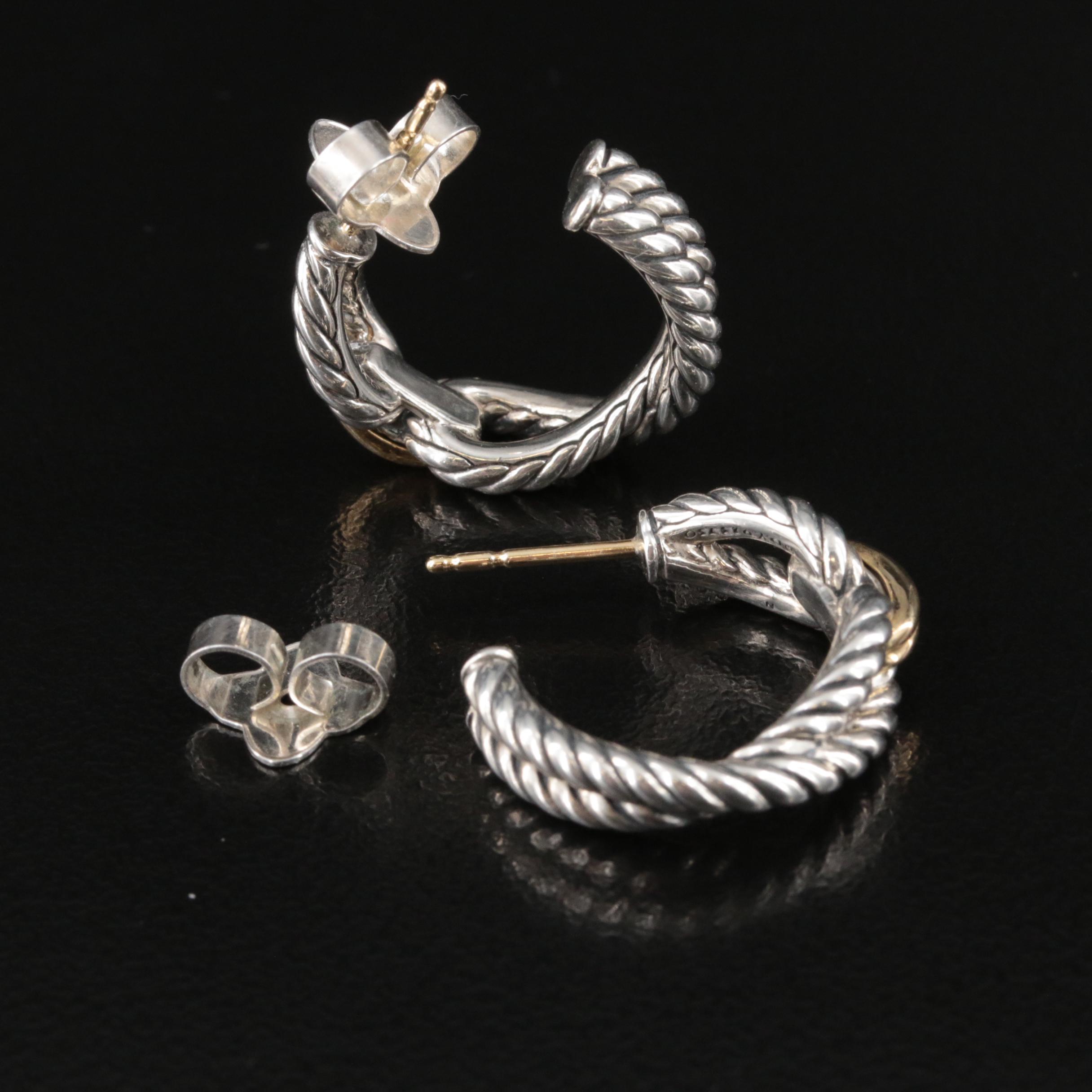 David Yurman Sterling "Cable Loop" Hoop Earrings with 18K Accents