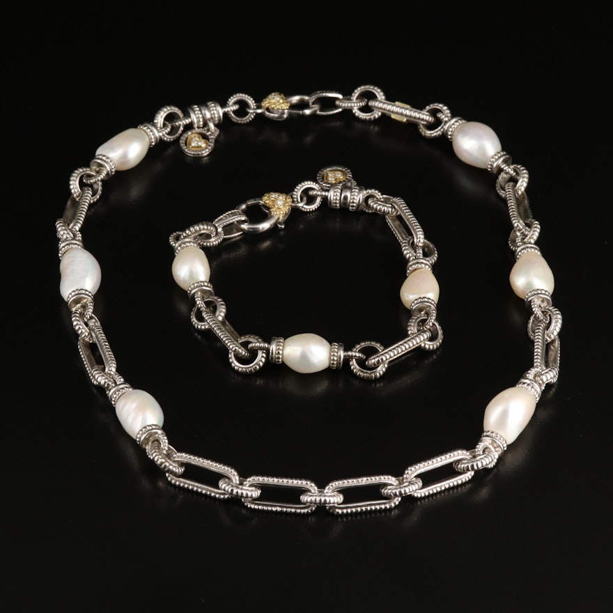 Judith Ripka Sterling Pearl Necklace and Bracelet with Diamond and 18K Accents