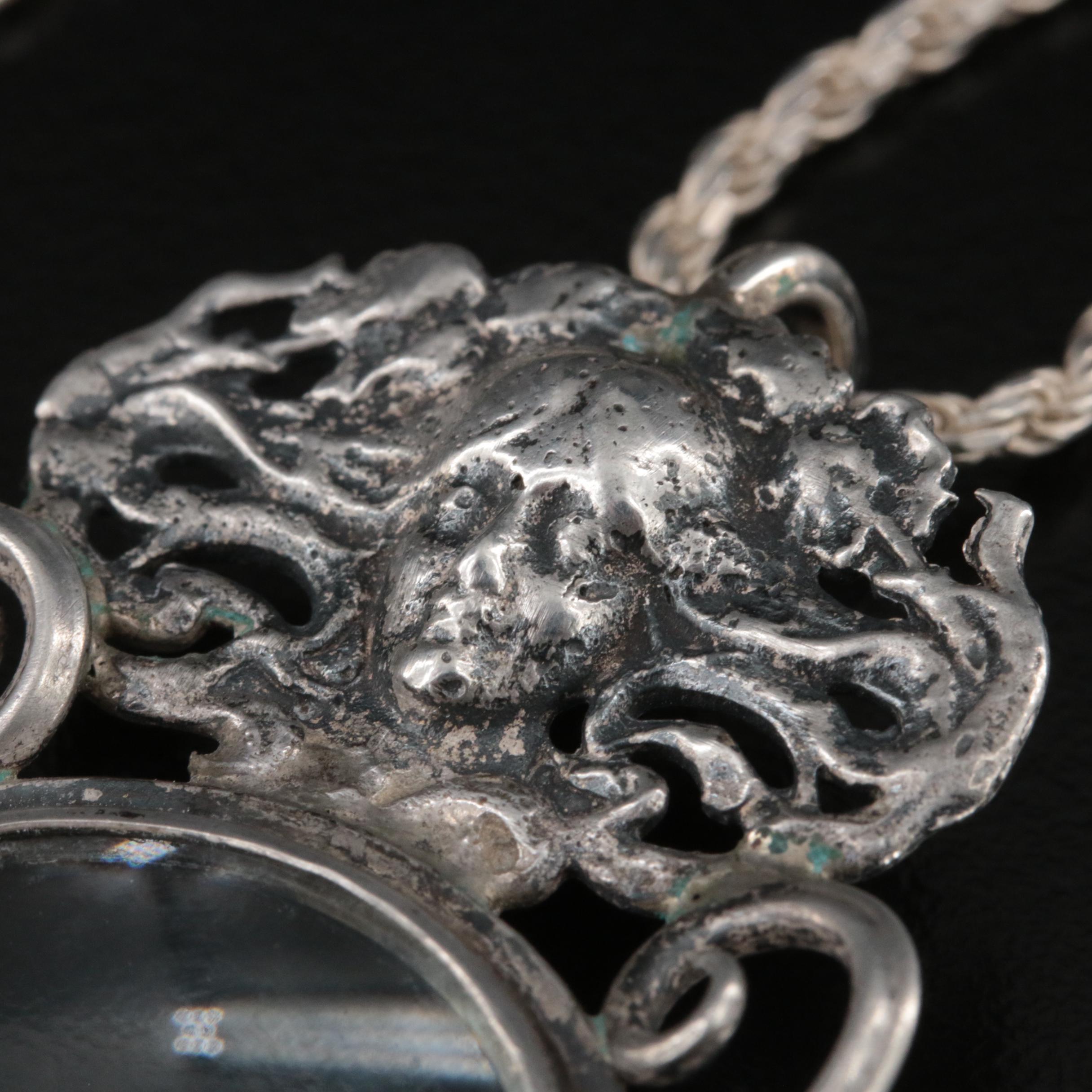 Art Nouveau Style Sterling Glass Figural Pendant Necklace