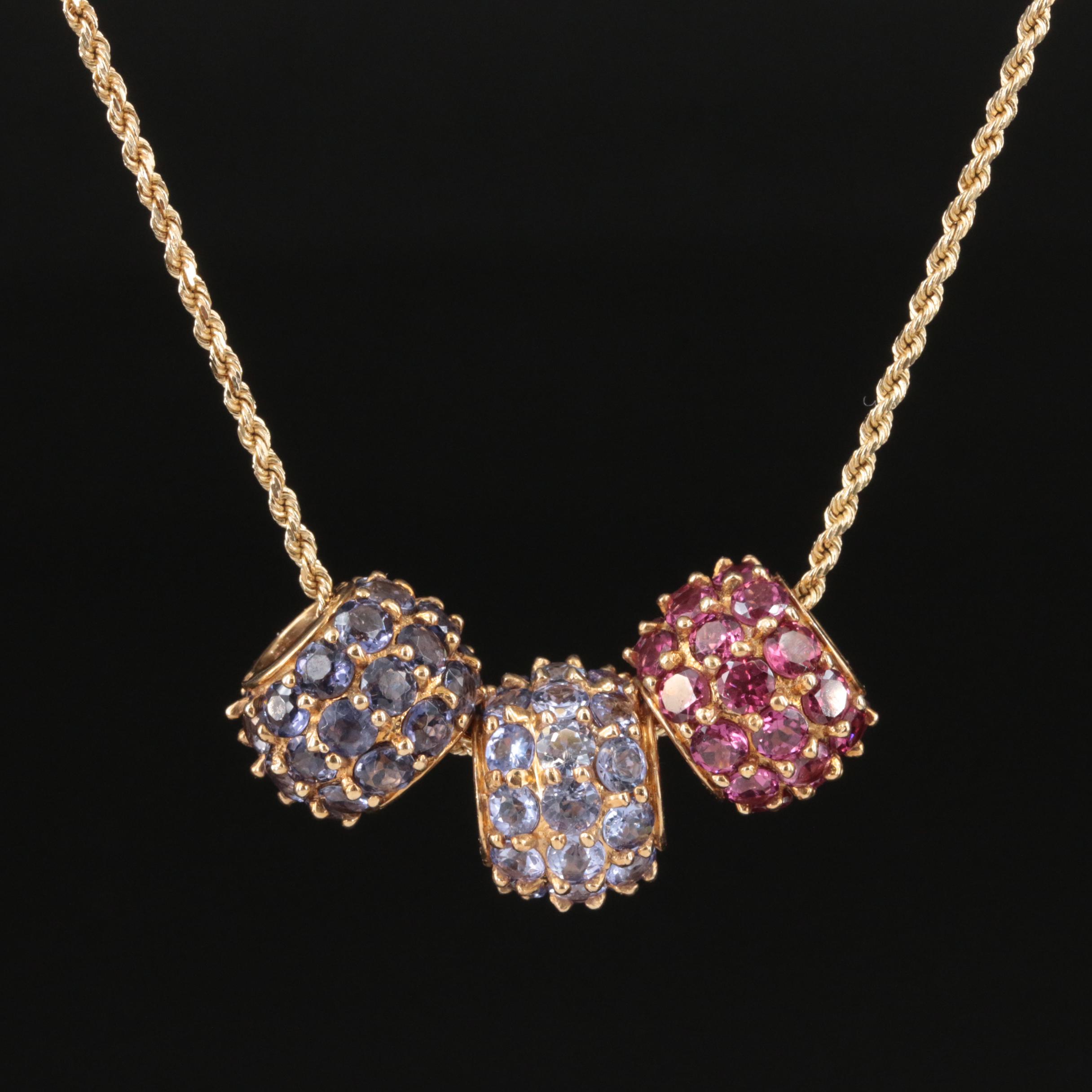 10K Tanzanite, Garnet and Iolite Bead on 14K Rope Chain Necklace