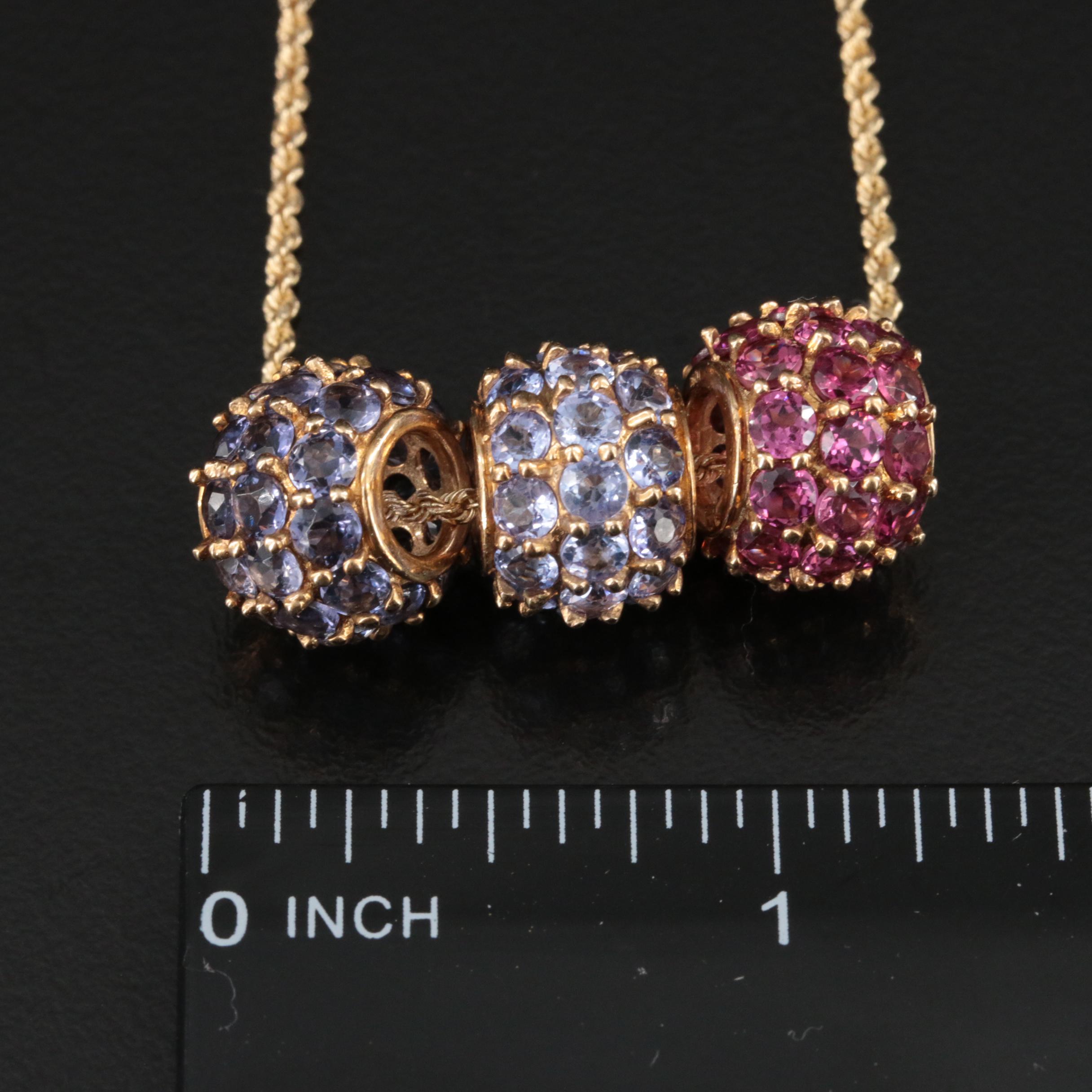 10K Tanzanite, Garnet and Iolite Bead on 14K Rope Chain Necklace
