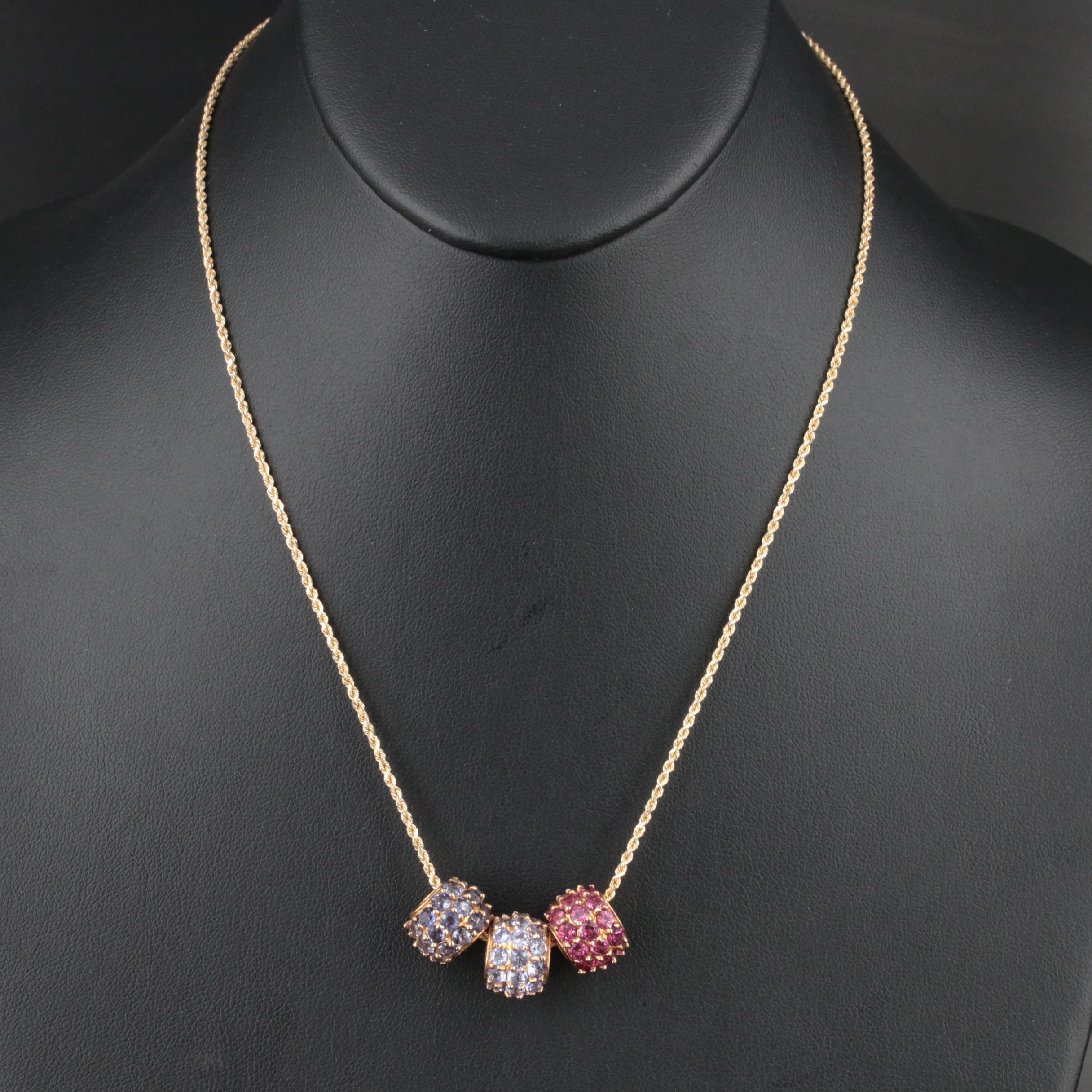 10K Tanzanite, Garnet and Iolite Bead on 14K Rope Chain Necklace