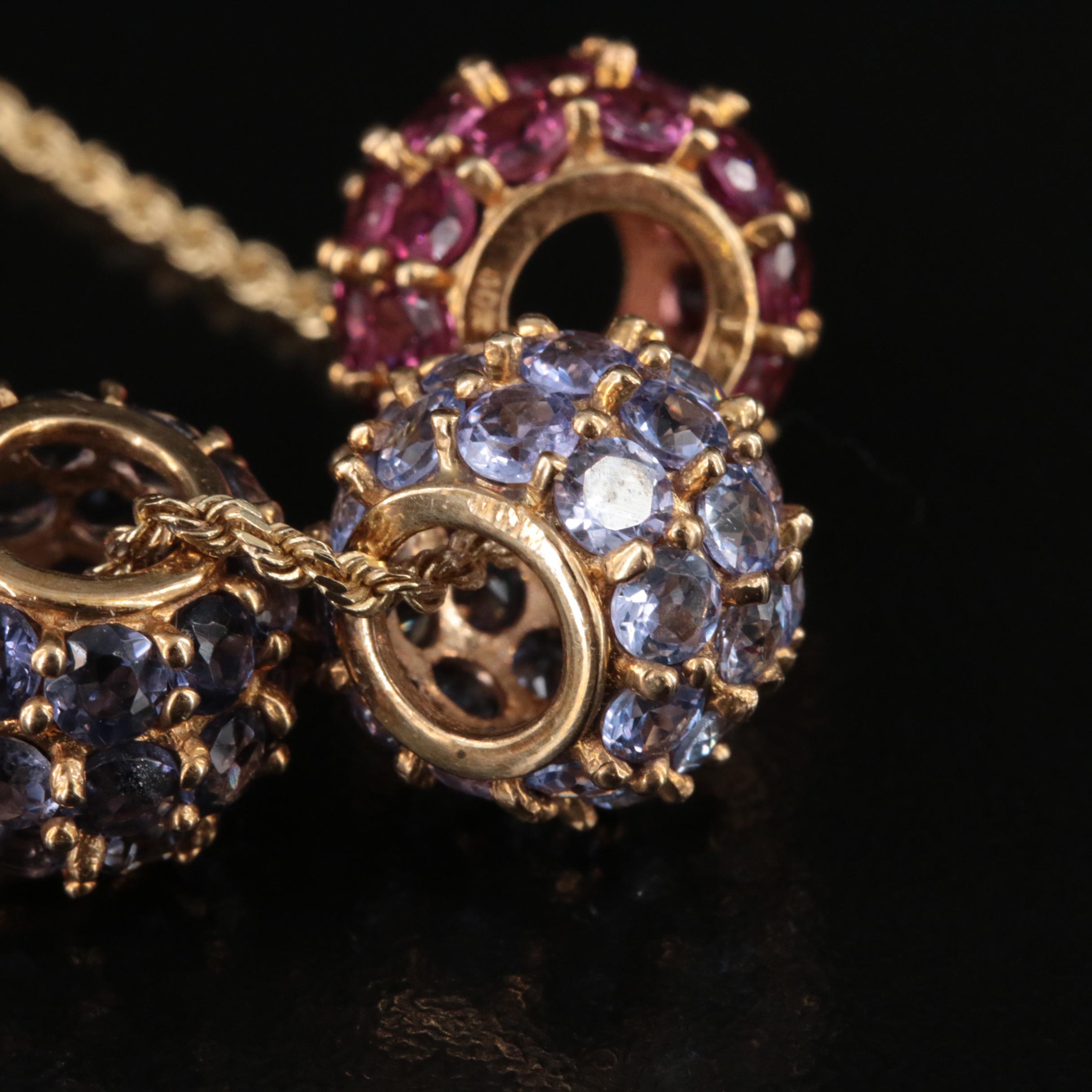 10K Tanzanite, Garnet and Iolite Bead on 14K Rope Chain Necklace