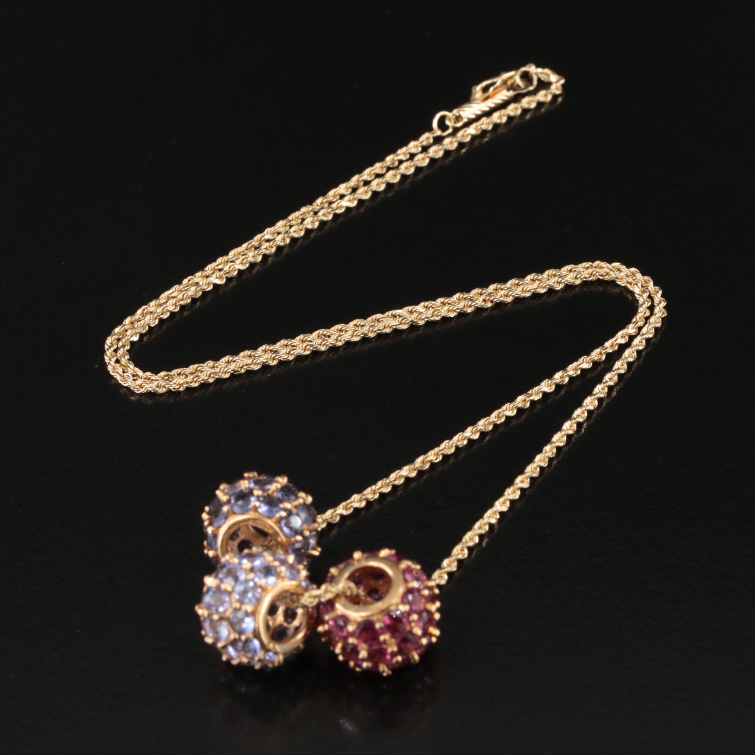 10K Tanzanite, Garnet and Iolite Bead on 14K Rope Chain Necklace