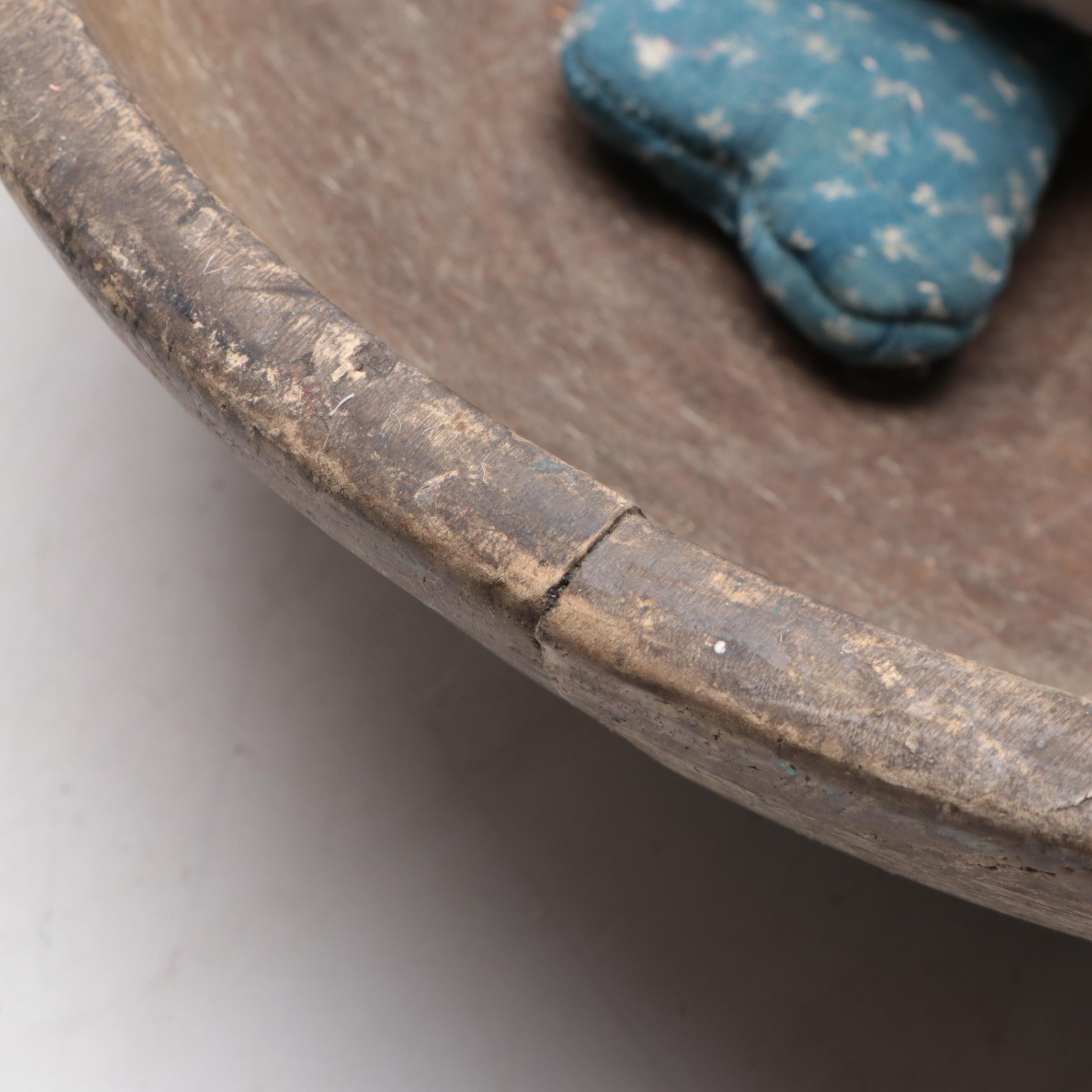Wooden Dough Bowl with Wooden Boxes, Burlap and Fabric Scrap Balls