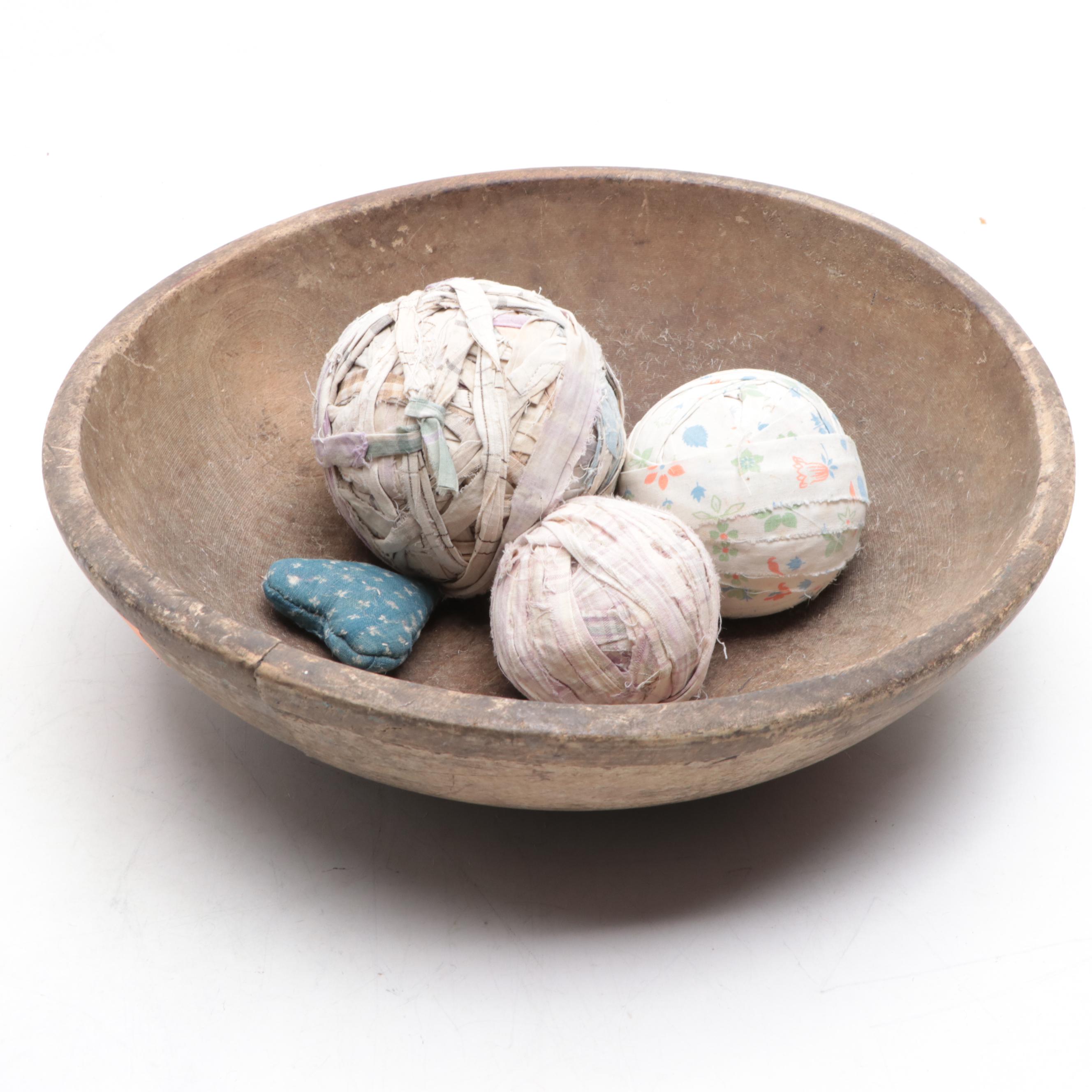 Wooden Dough Bowl with Wooden Boxes, Burlap and Fabric Scrap Balls