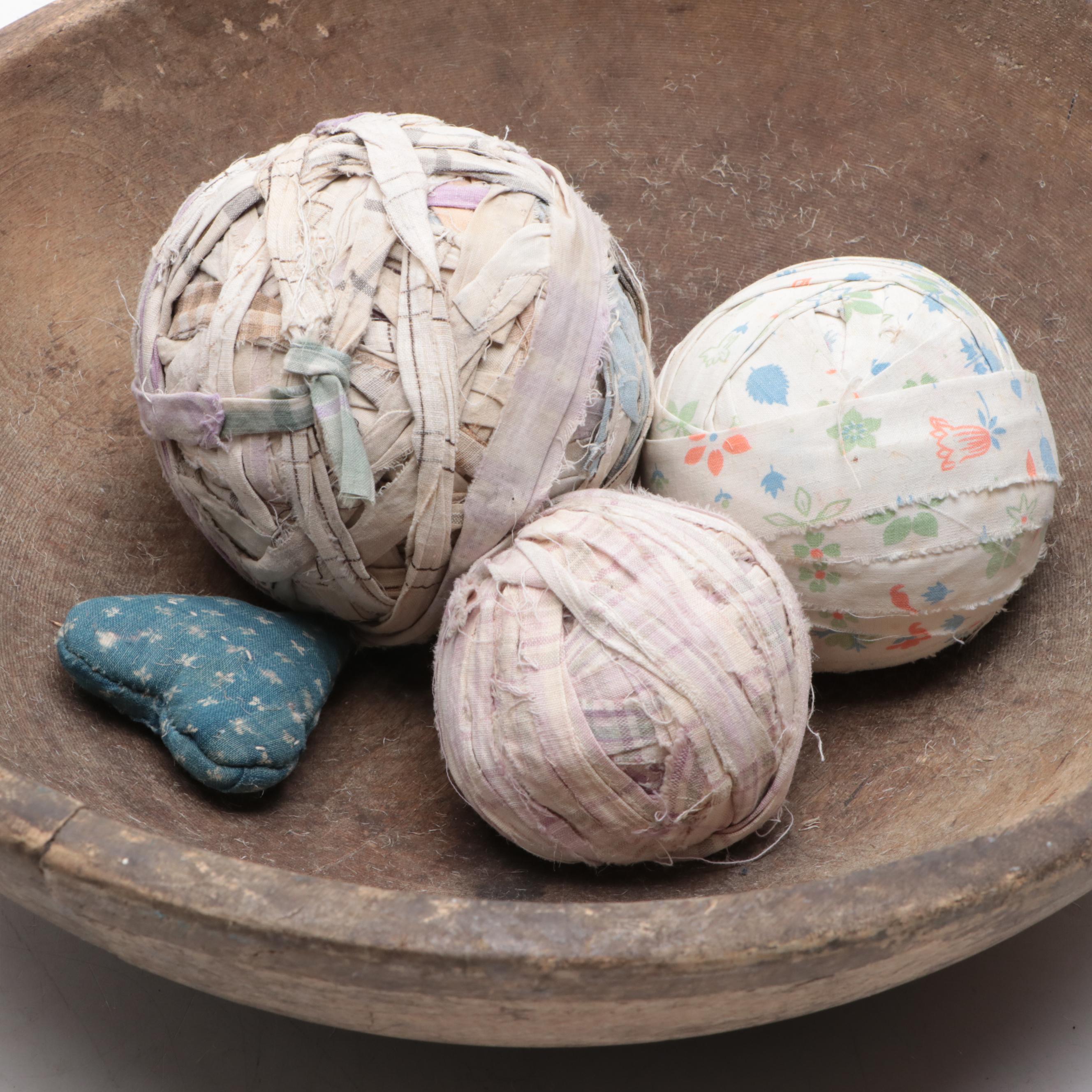 Wooden Dough Bowl with Wooden Boxes, Burlap and Fabric Scrap Balls