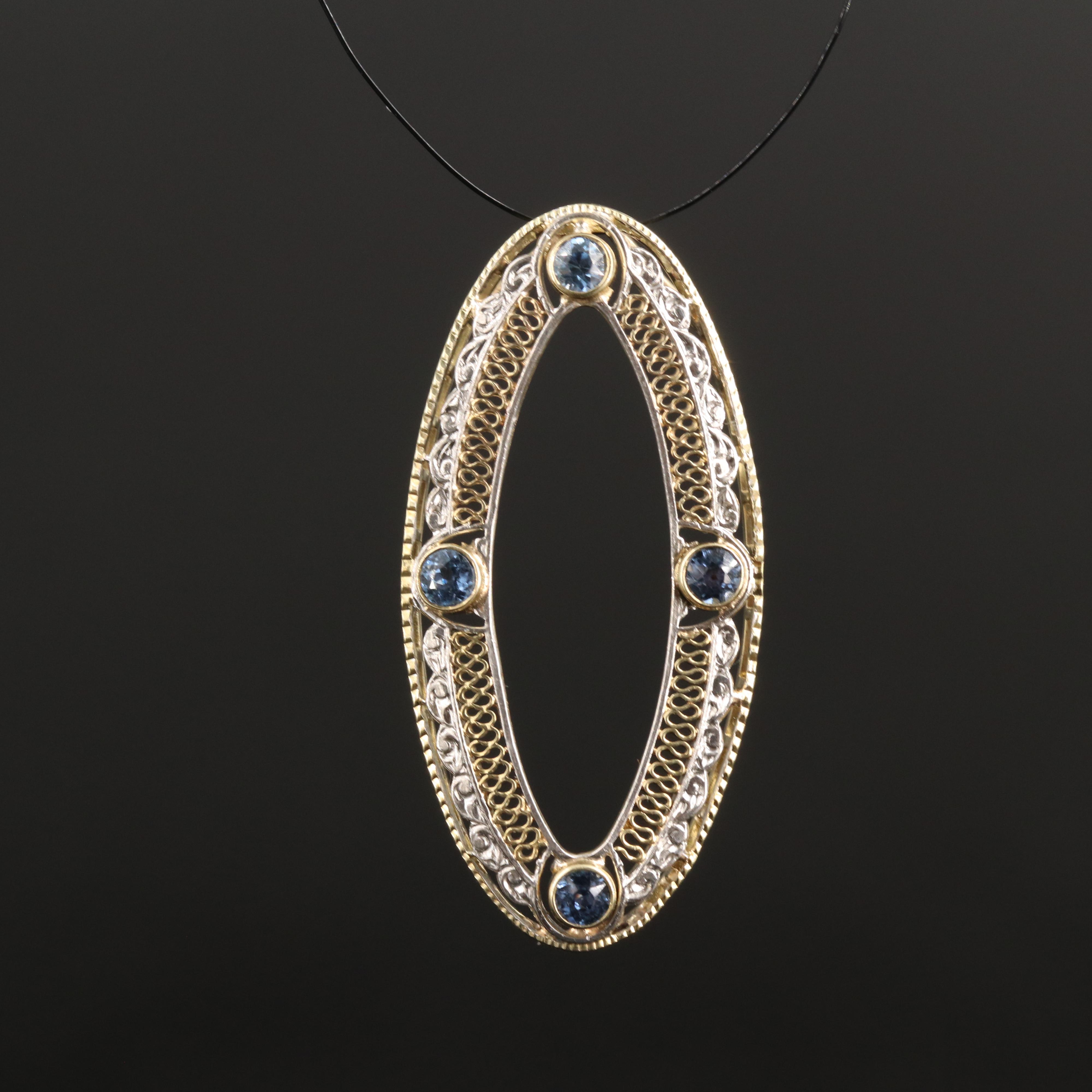 Vintage 14K Sapphire Oval Pendant with Platinum Accents