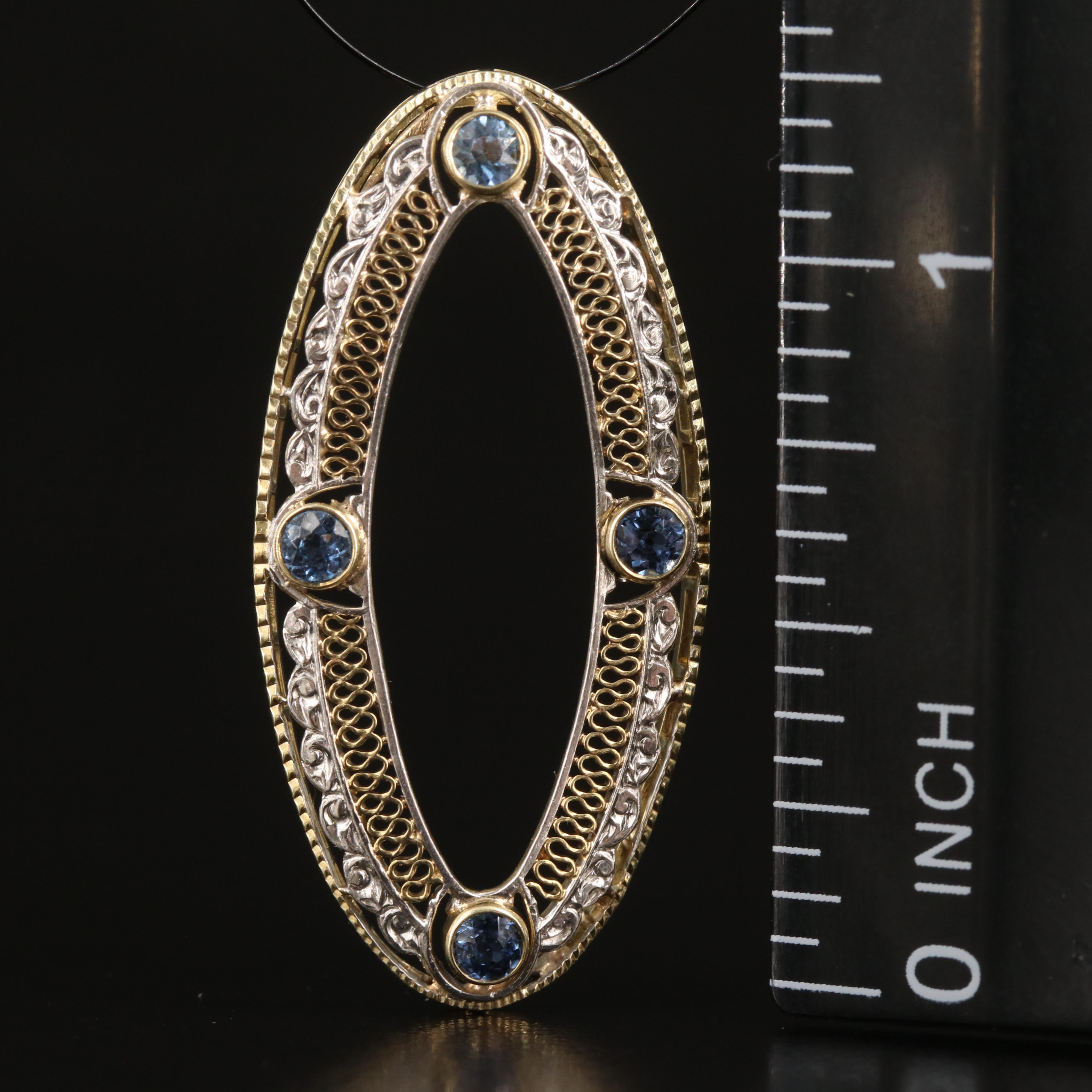 Vintage 14K Sapphire Oval Pendant with Platinum Accents