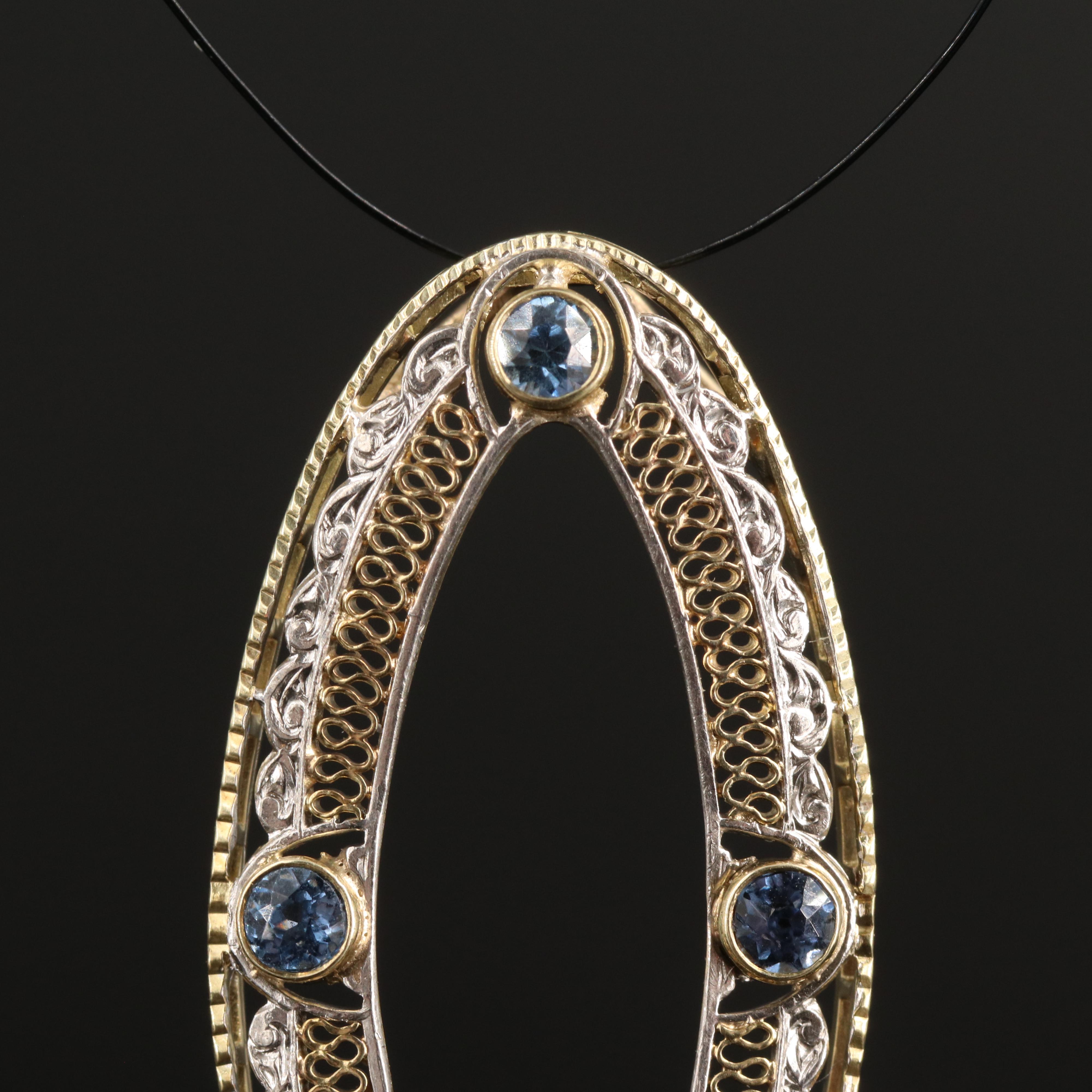 Vintage 14K Sapphire Oval Pendant with Platinum Accents