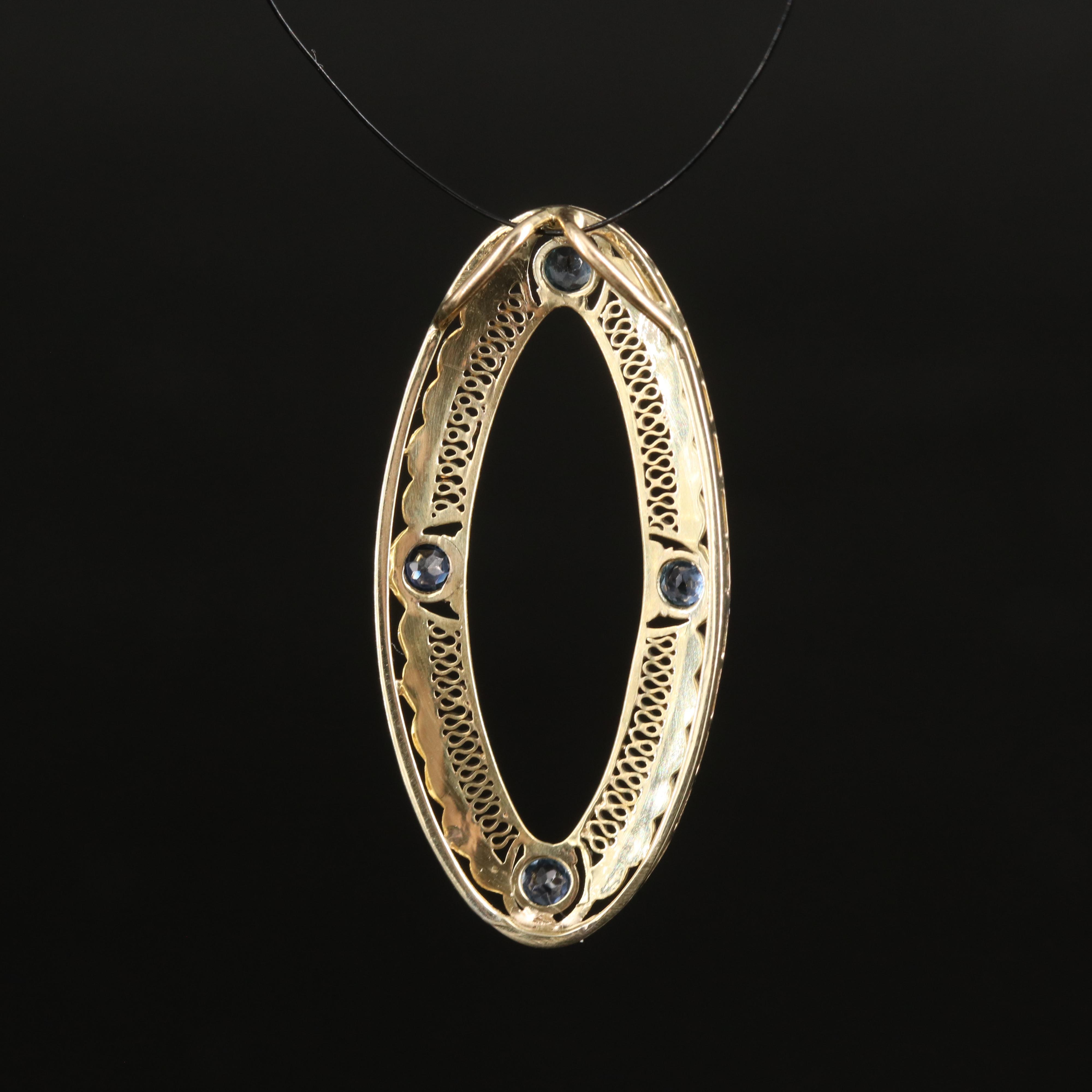 Vintage 14K Sapphire Oval Pendant with Platinum Accents
