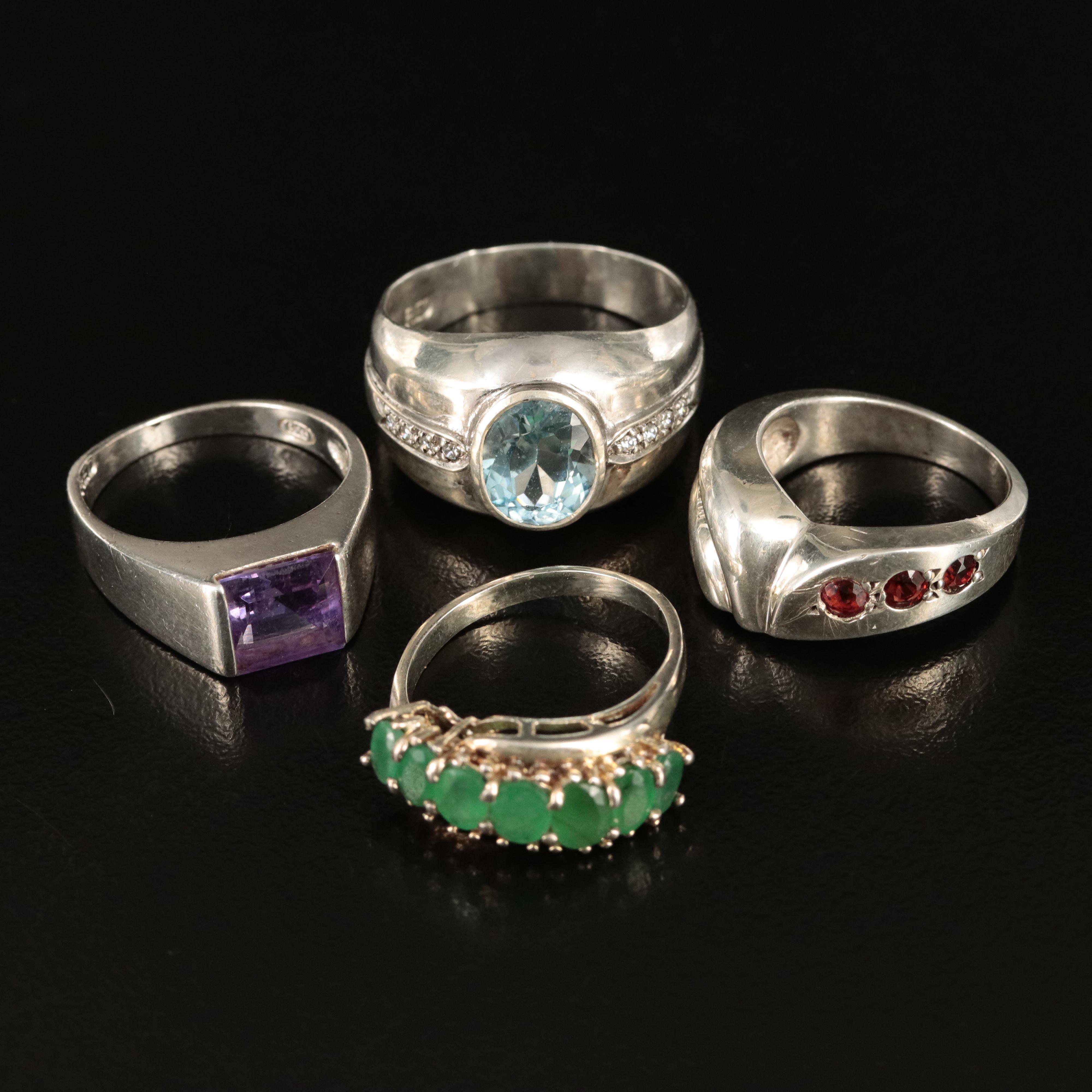 Sterling Amethyst, Emerald and Sky Blue Topaz Ring Grouping