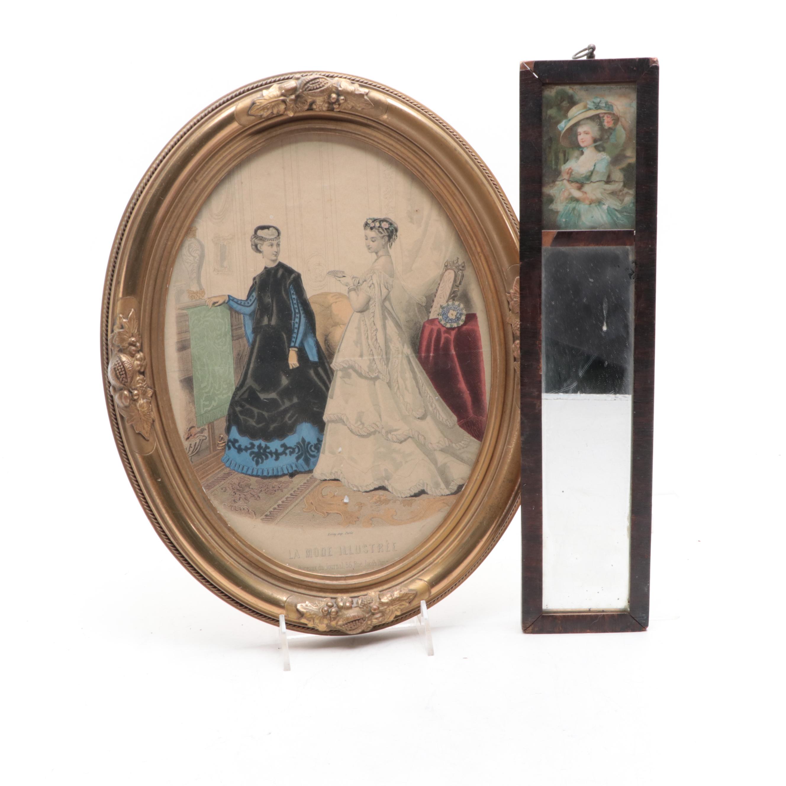 Framed Victorian Fashion Plate with Other Frames and Mirror, Mid to Late 19th C.