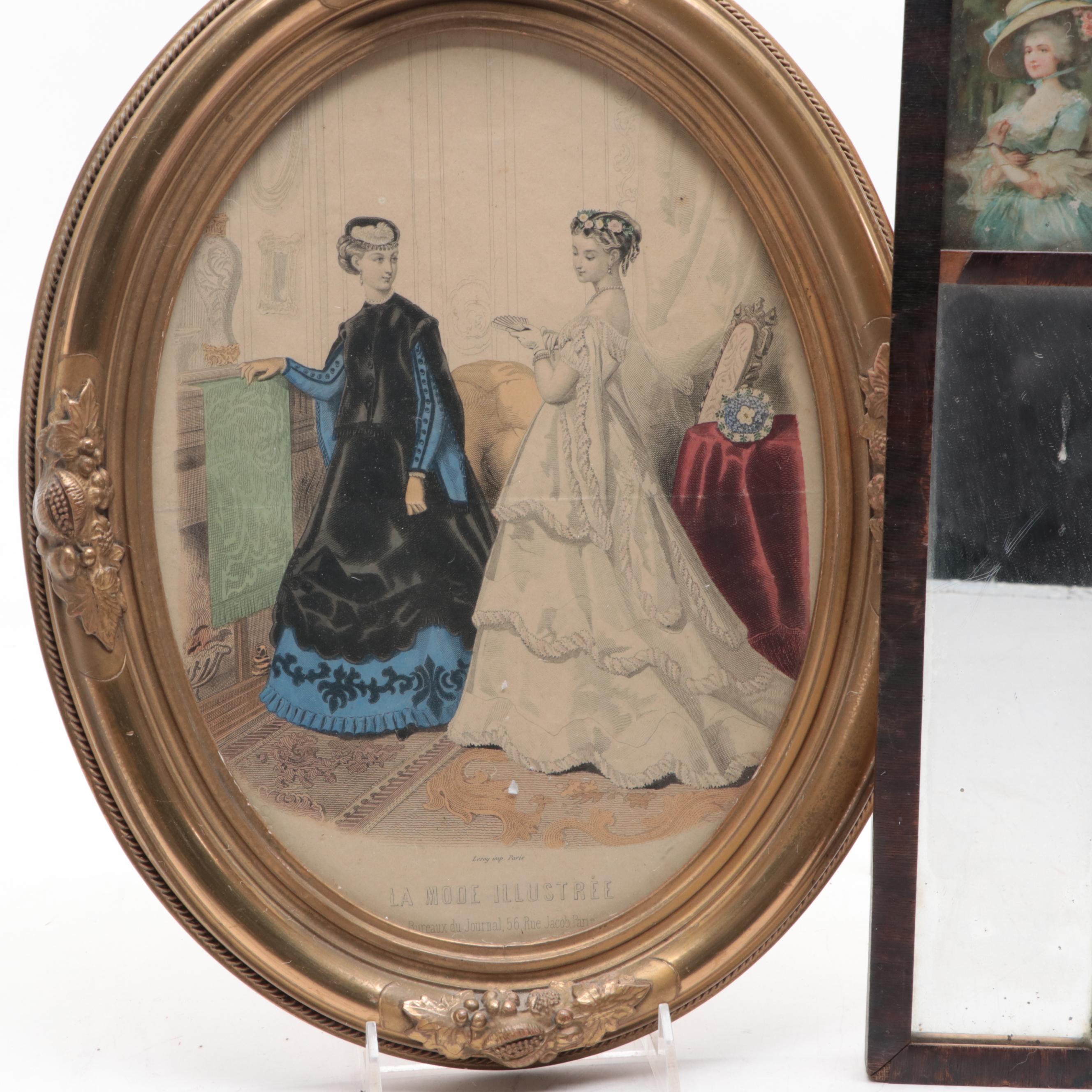 Framed Victorian Fashion Plate with Other Frames and Mirror, Mid to Late 19th C.
