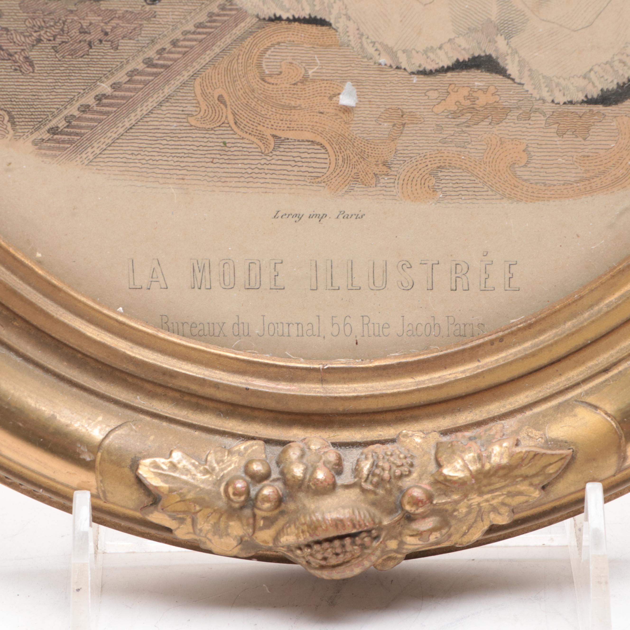 Framed Victorian Fashion Plate with Other Frames and Mirror, Mid to Late 19th C.