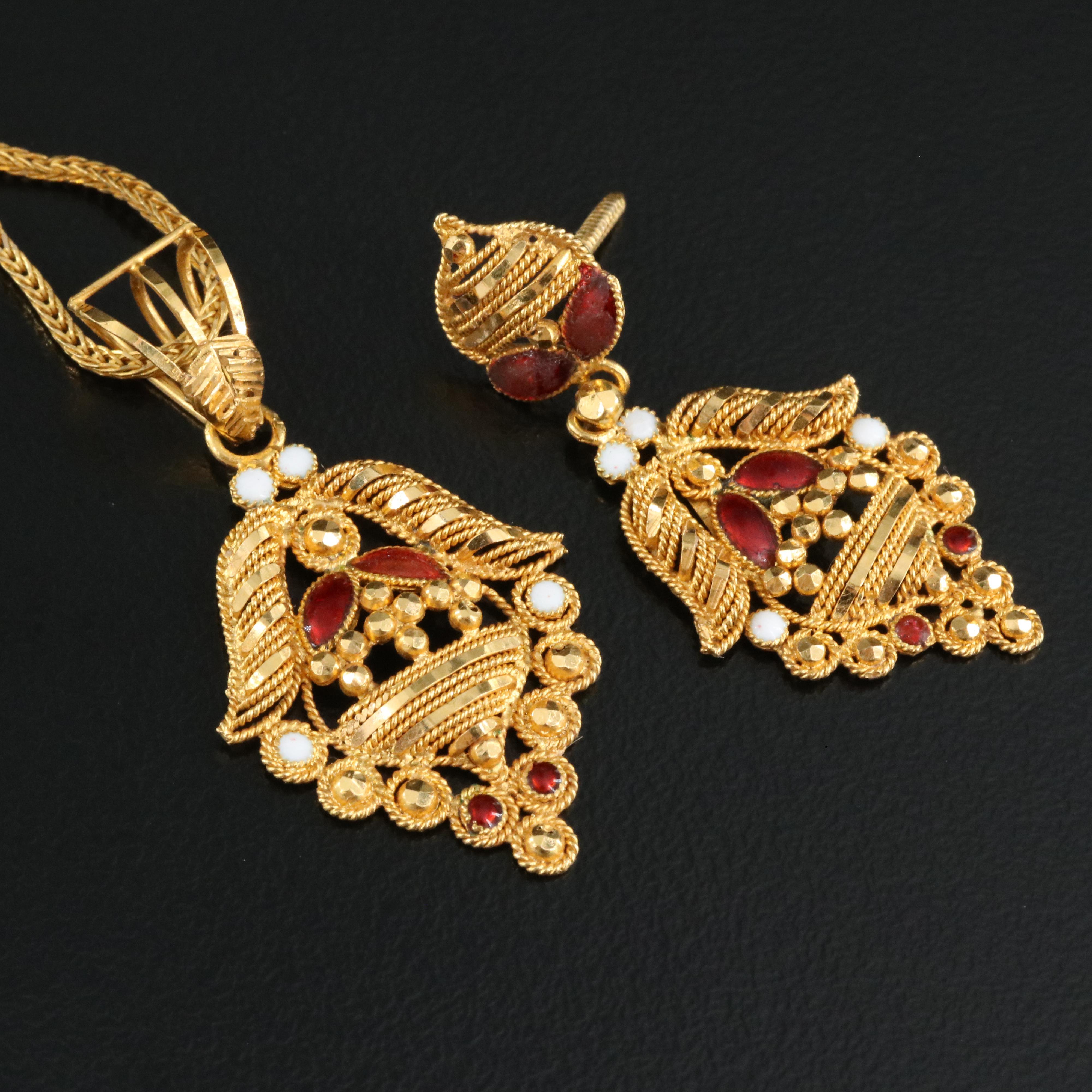 21K Enamel Pendant Necklace and Earring Set