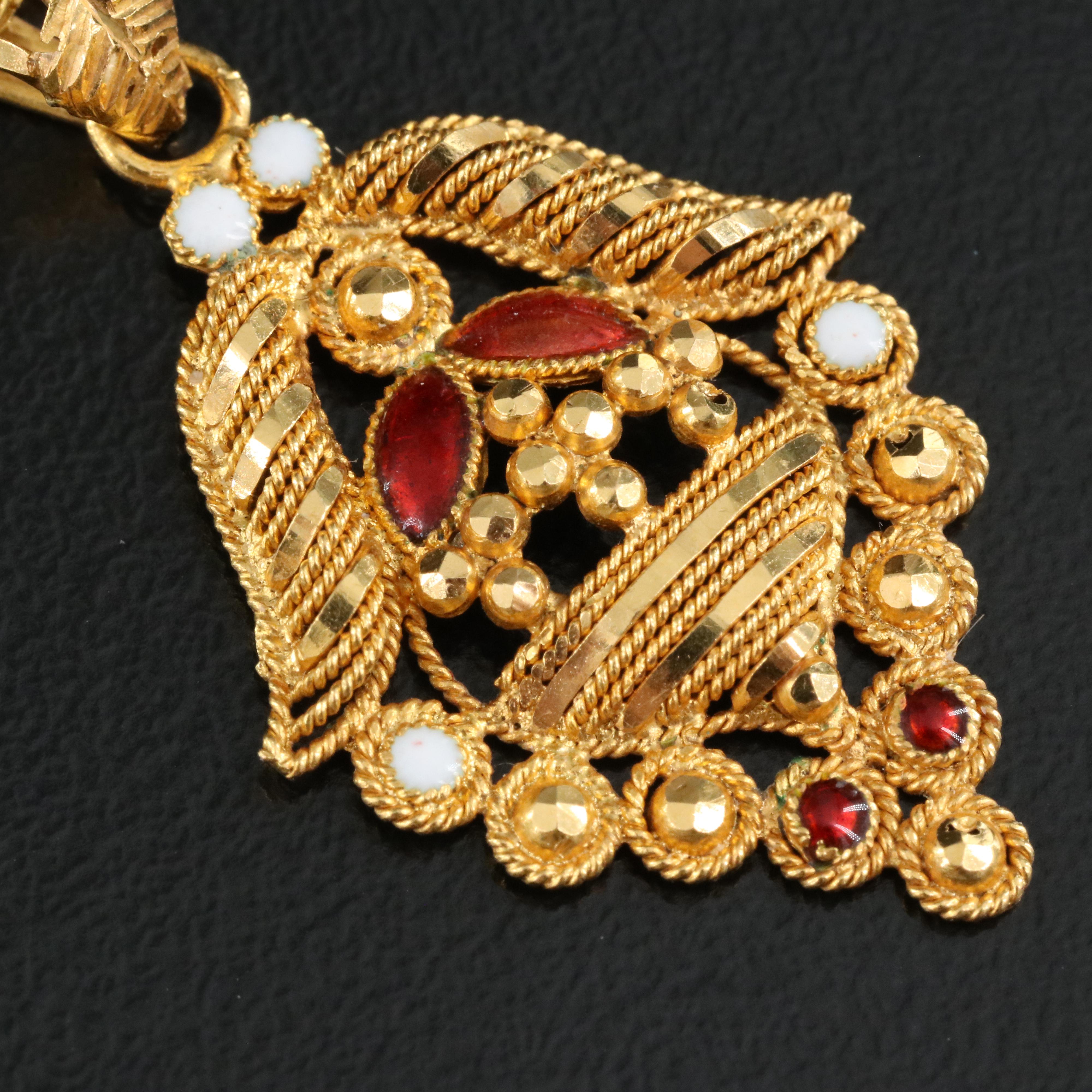 21K Enamel Pendant Necklace and Earring Set