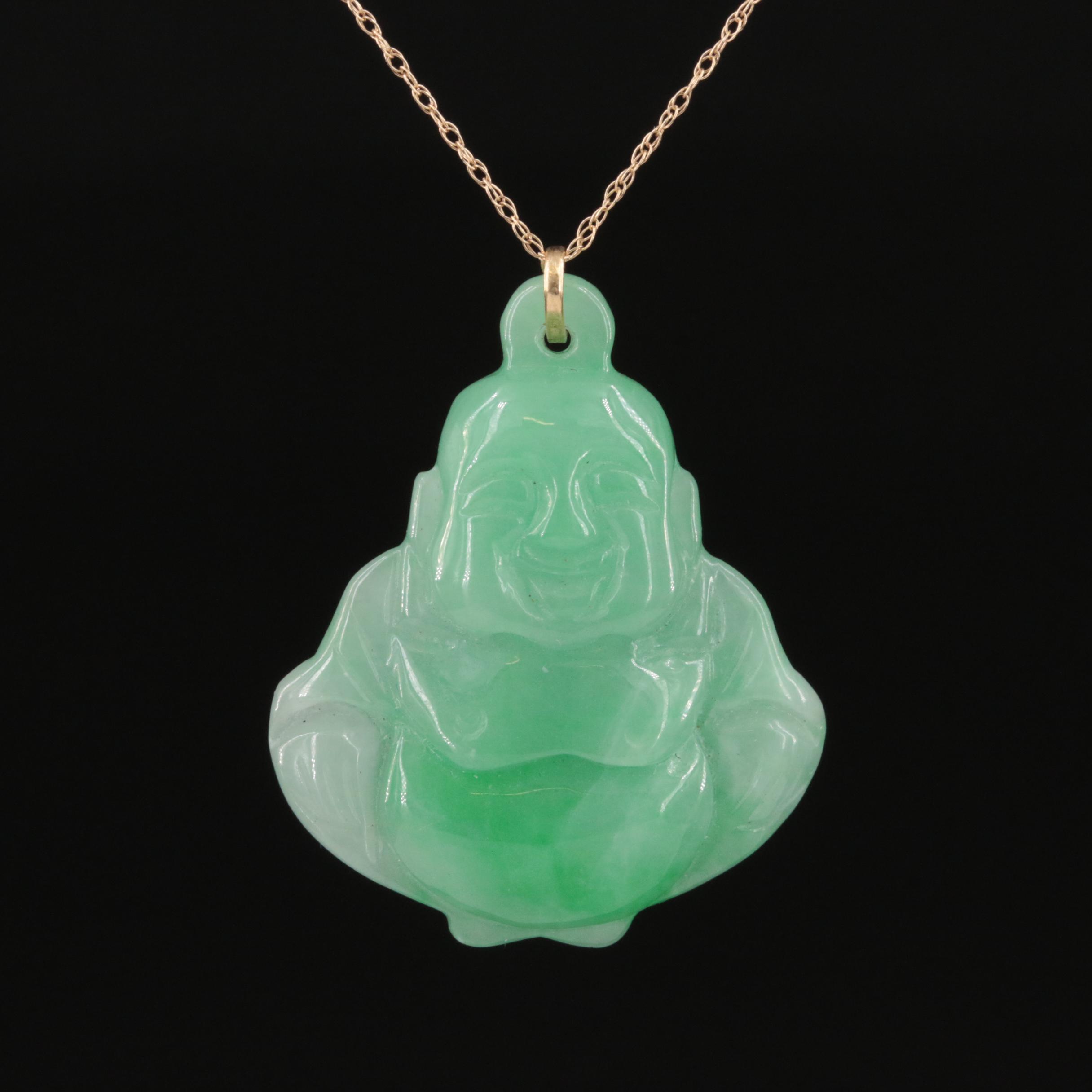 14K Carved Jadeite Budai Pendant Necklace