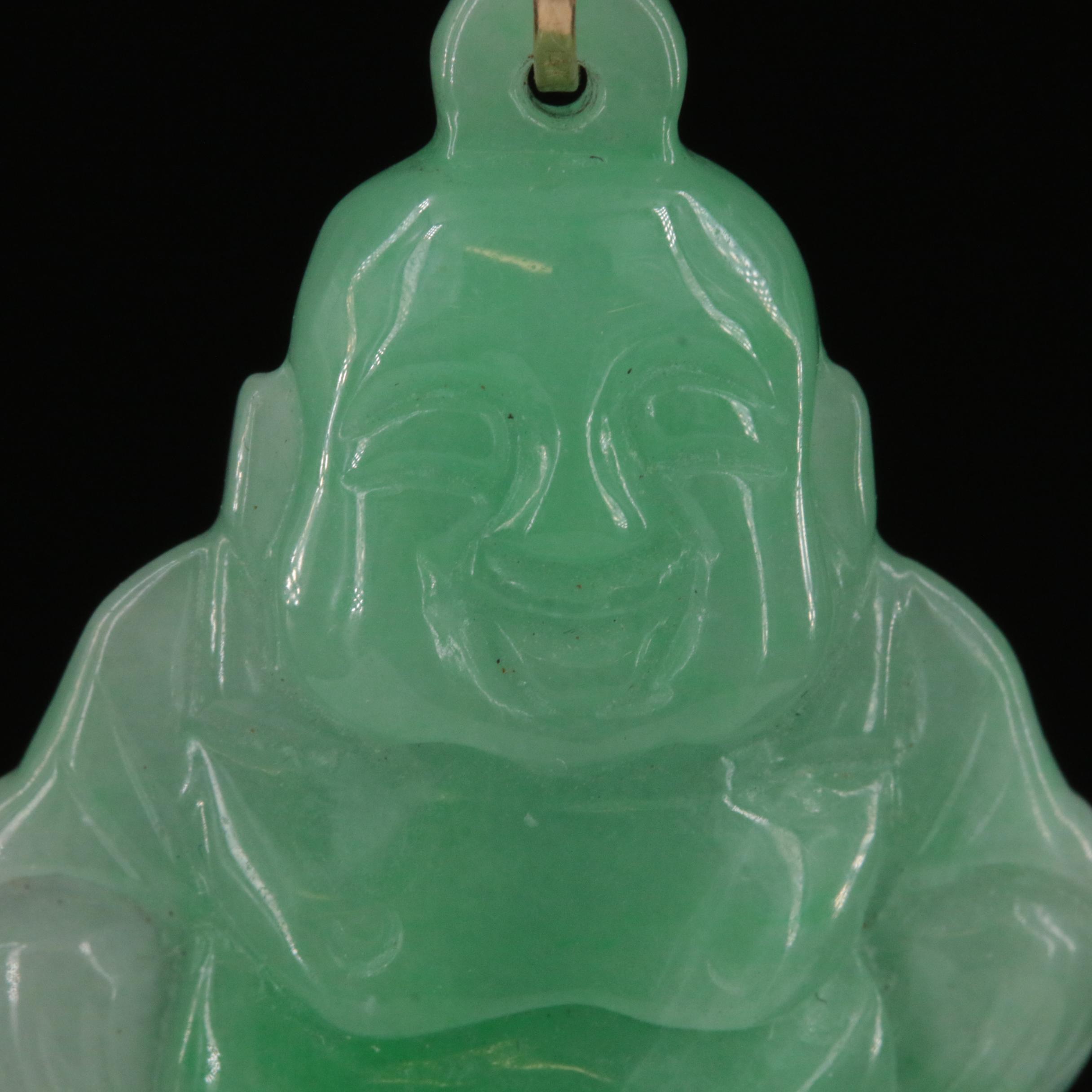 14K Carved Jadeite Budai Pendant Necklace