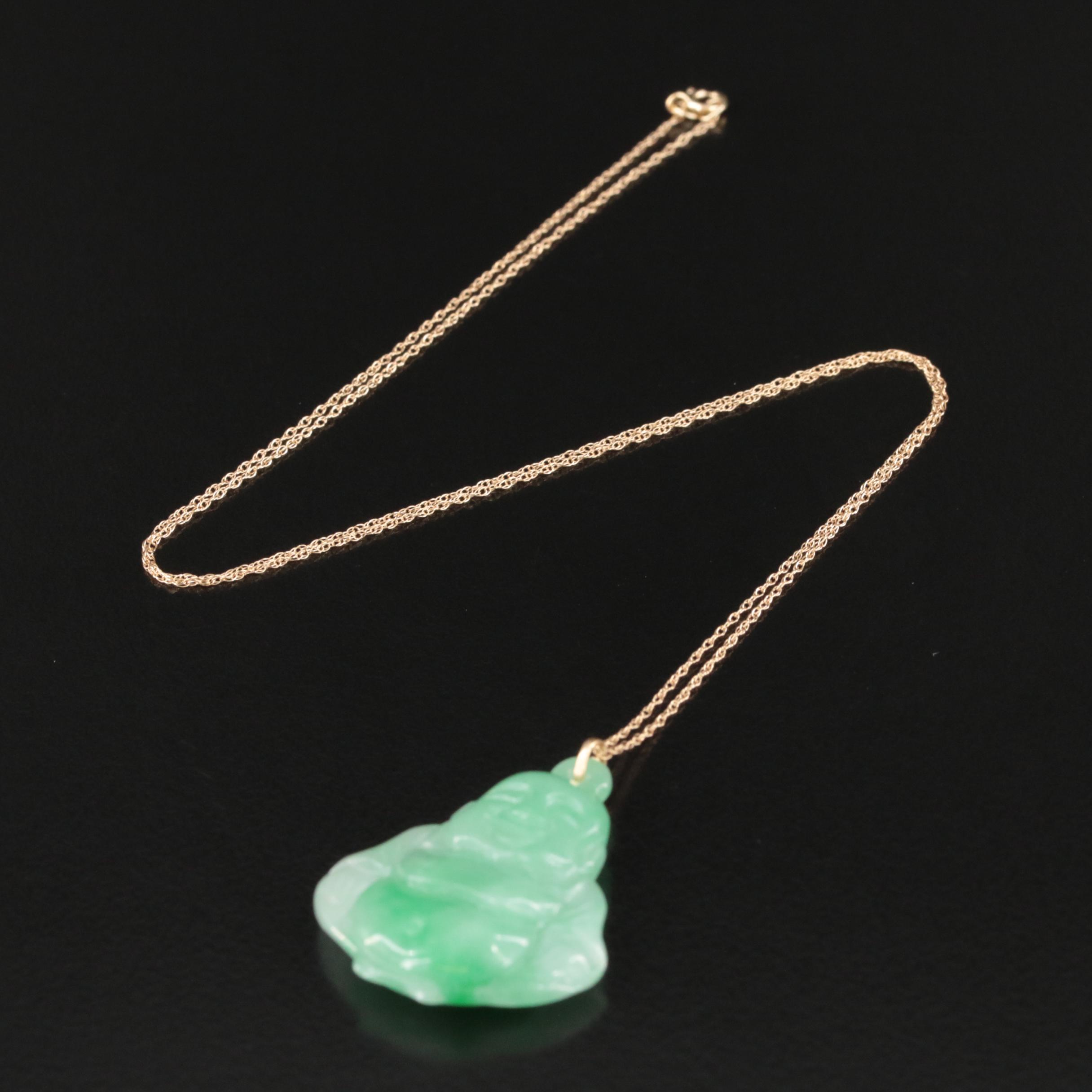 14K Carved Jadeite Budai Pendant Necklace