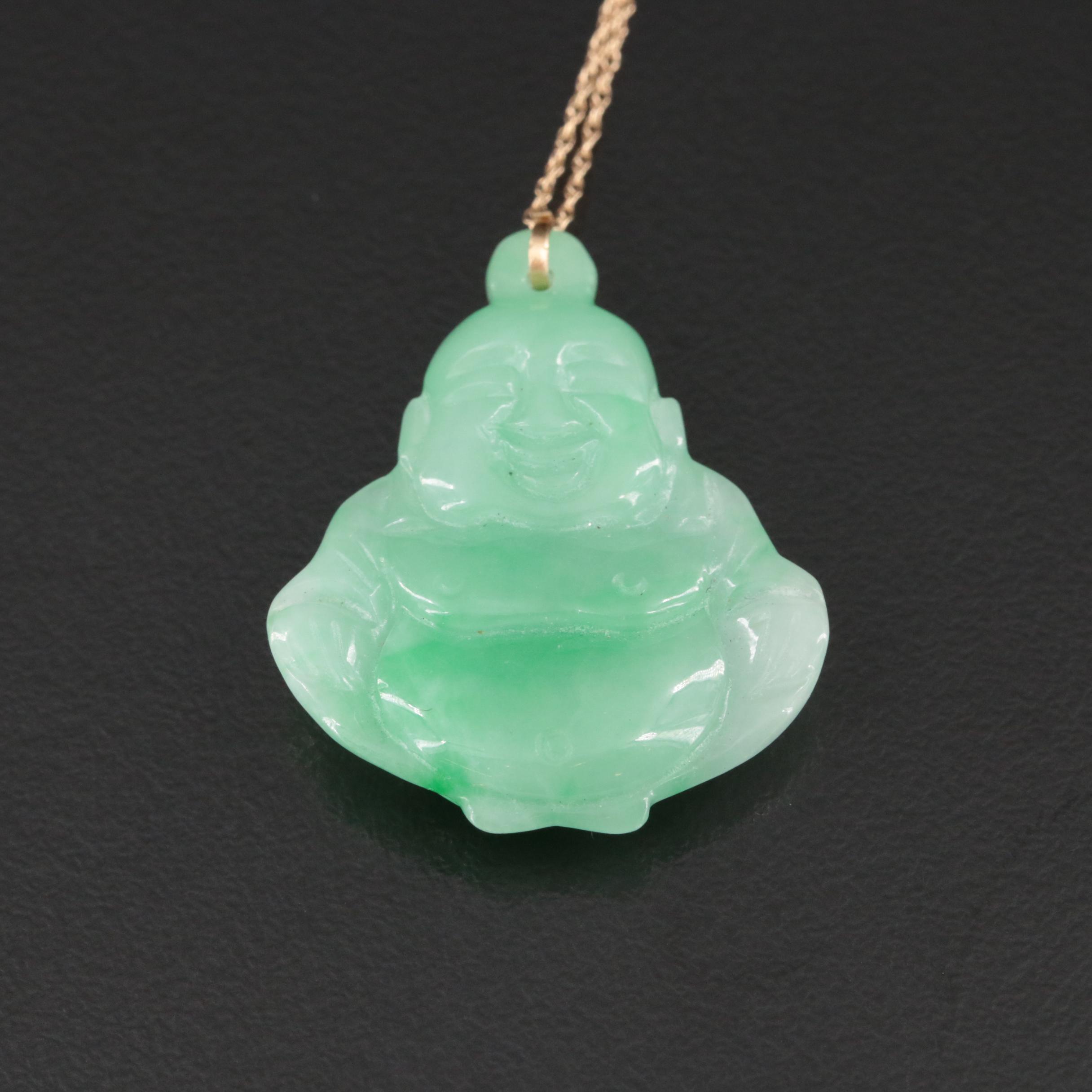 14K Carved Jadeite Budai Pendant Necklace