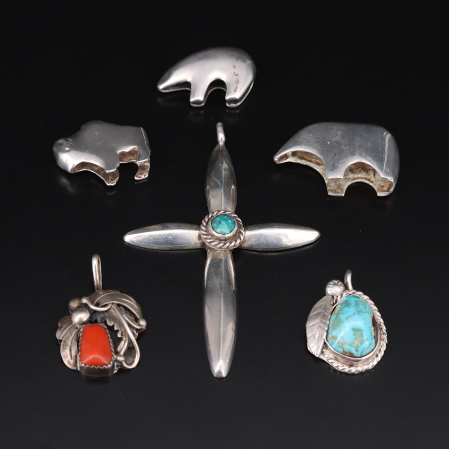 Southwestern Sterling Turquoise, Coral Cross, Bear and Buffalo Fetish Pendants