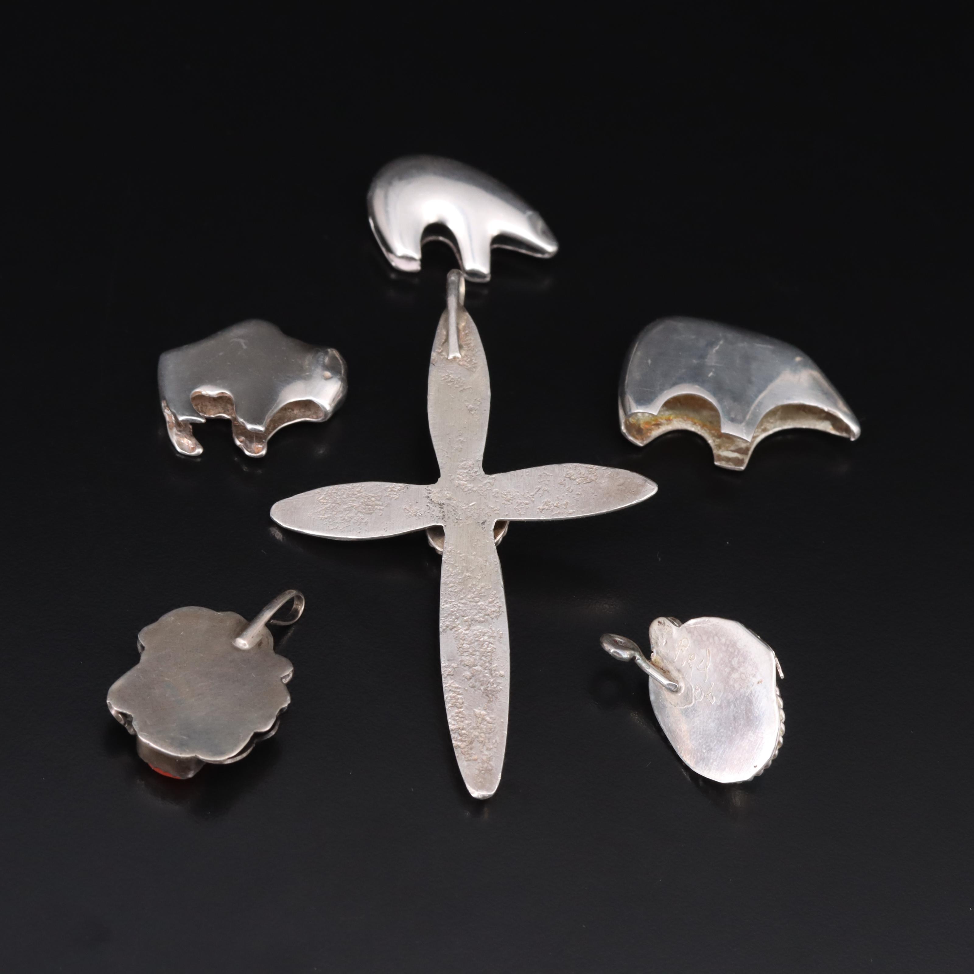 Southwestern Sterling Turquoise, Coral Cross, Bear and Buffalo Fetish Pendants