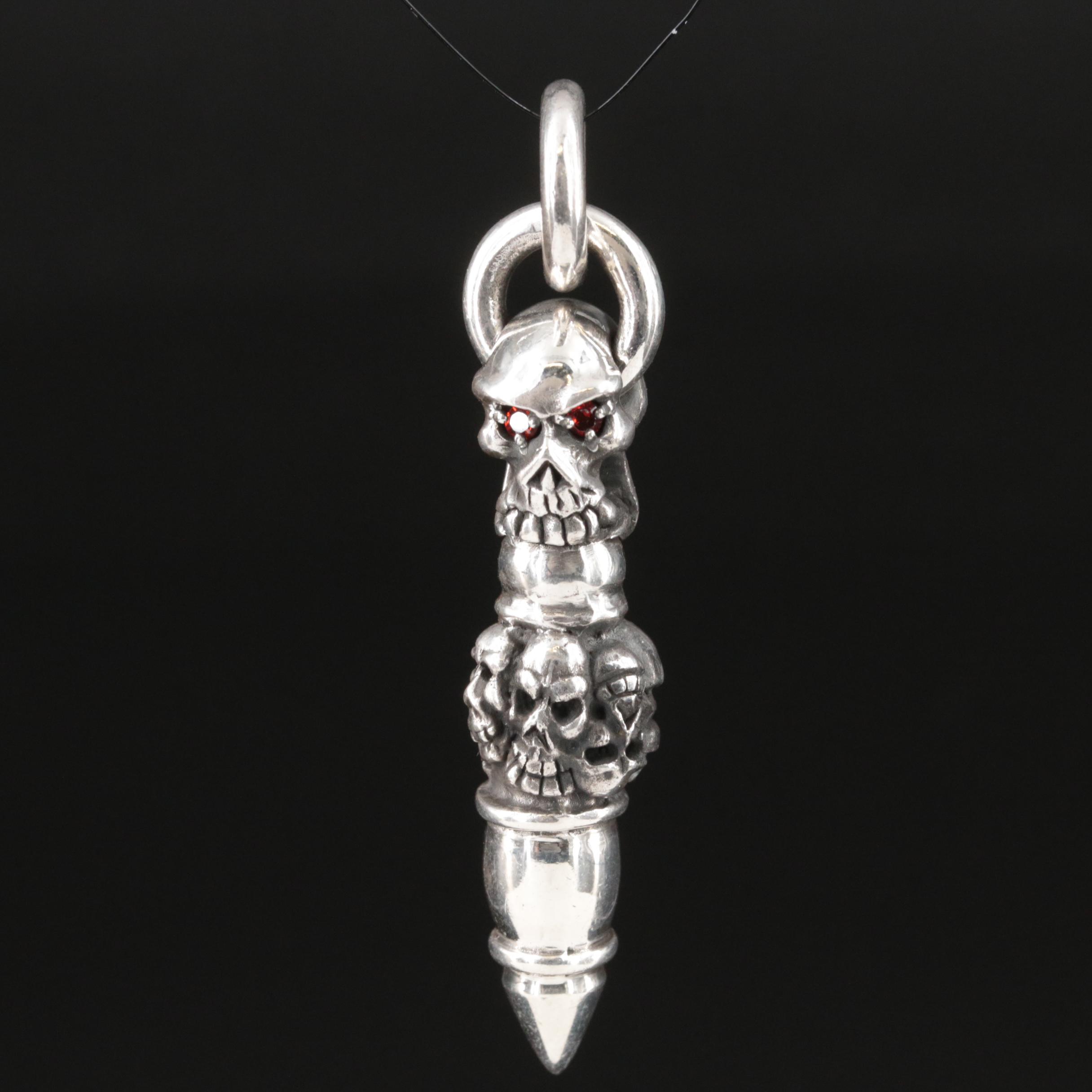 Sterling Garnet Skull Pendant